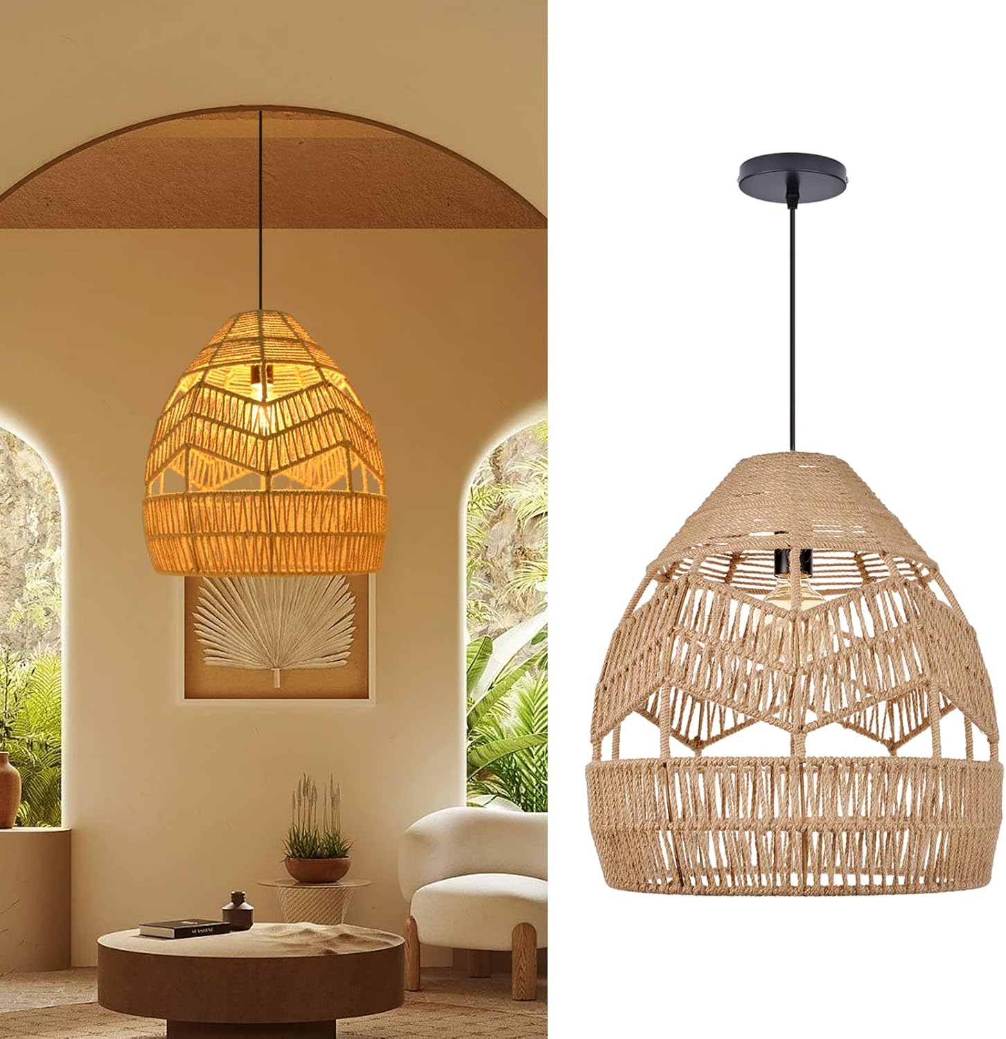 Arturesthome Rattan Pendant Light Fixtures, Wicker Boho Basket Lighting Chandelier, Large Natural Woven Ceiling Hanging Lamp for Kitchen Island Dining Room 40cmx43cm