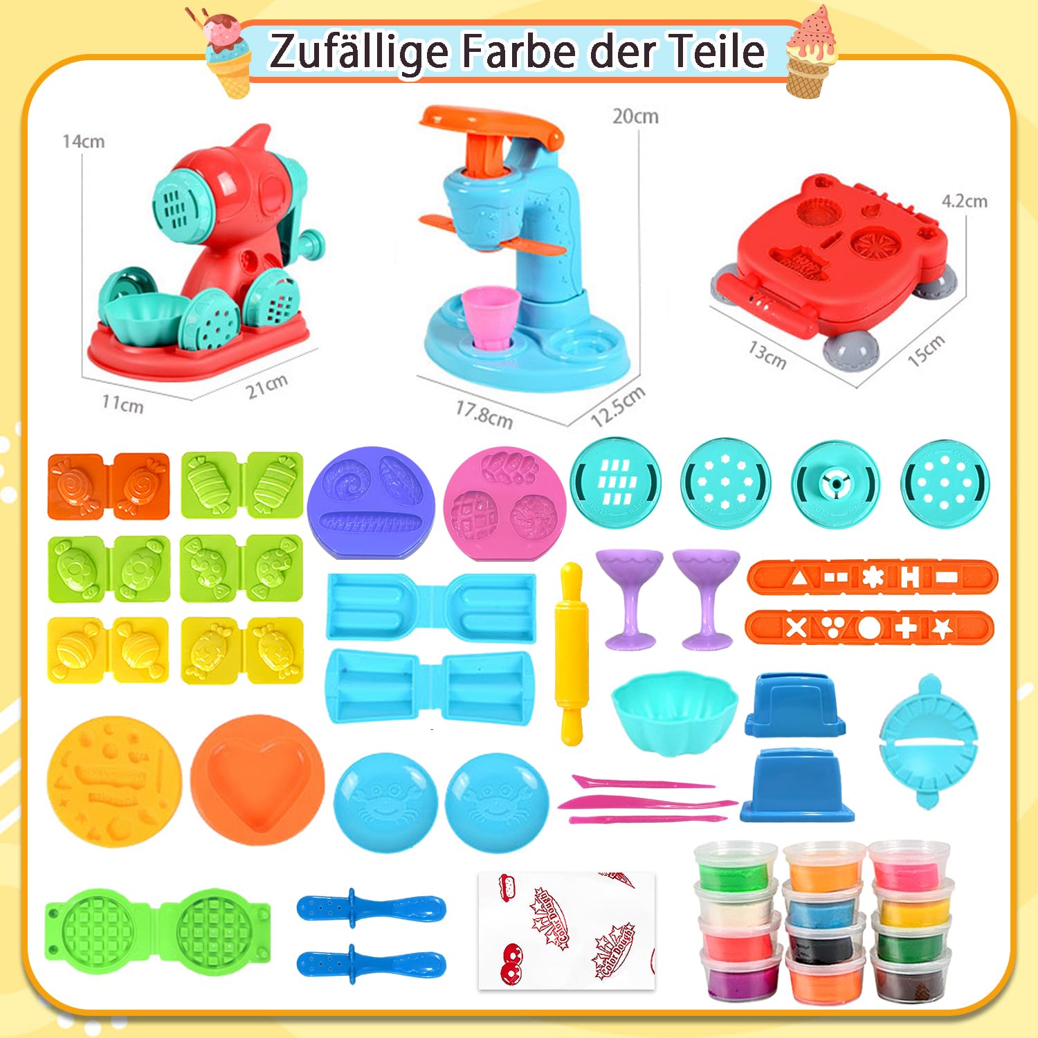 VBACALA 3-in-1 Knete Set Kinder 51 Stück, Knetmaschine für Eiscreme, Nudeln & Burger, mit 12 Dosen Knetmasse, Knetspielzeug mit Formen & Zubehör, Kreatives Geschenk für Kinder ab 3 Jahren