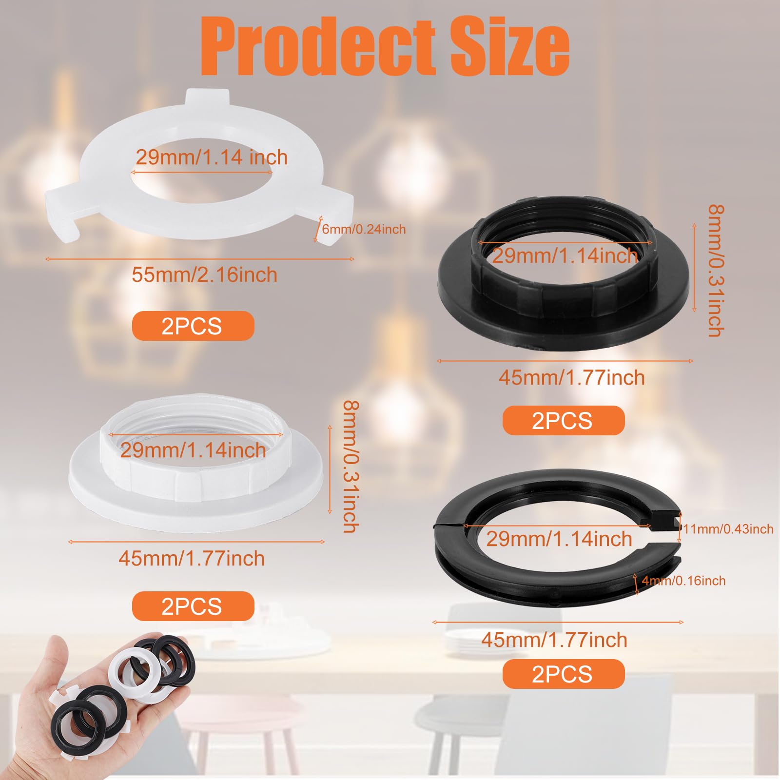 GHPKOTW 8 Pezzi Plastica Anello Riduttore Paralume E14 28MM, Raccordi per Paralume Anello Convertitore dell'Adattatore E14 per Lampada da Tavolo, Plafoniere, Lampada da Comodino(Bianco e nero