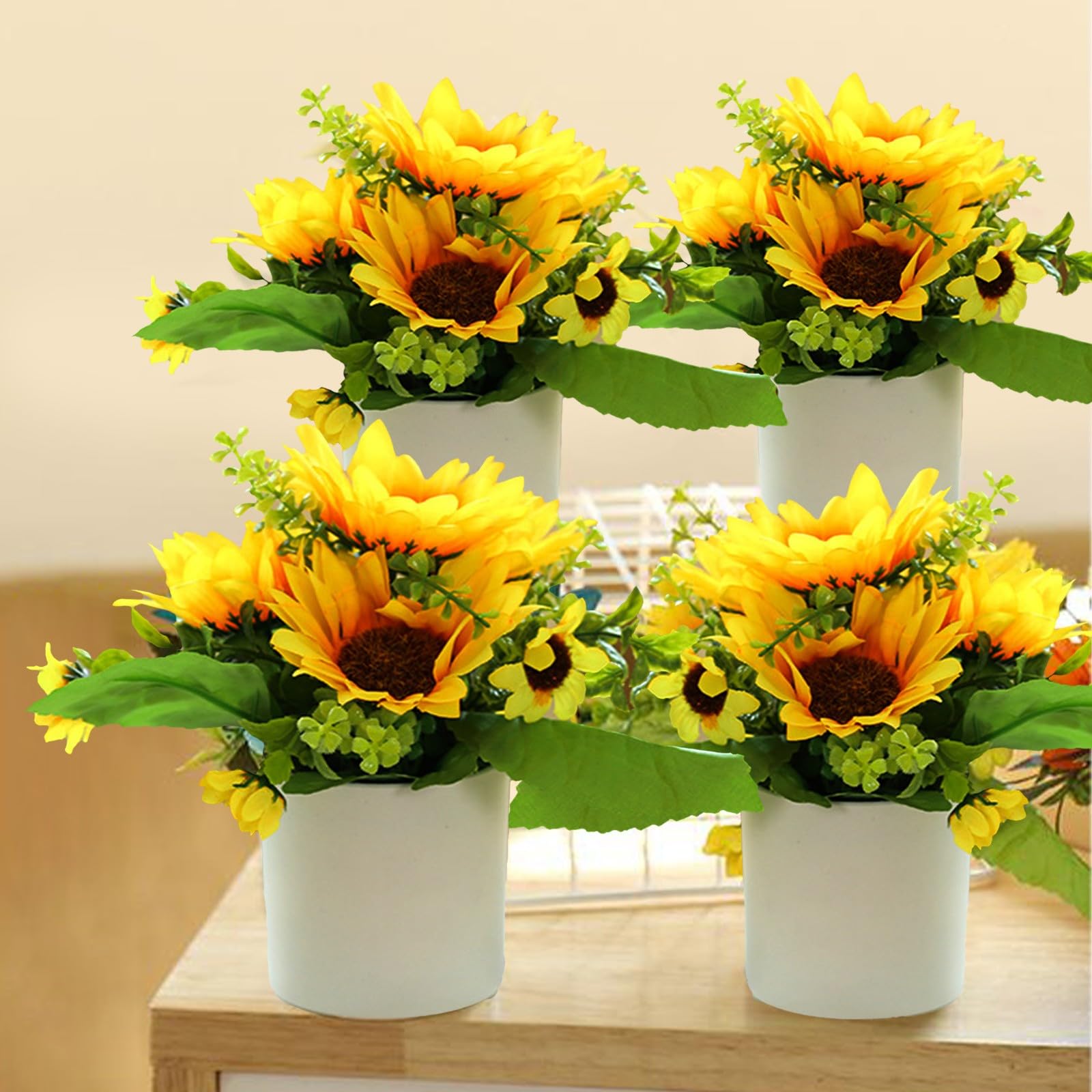 Zeyune 10 Girasoli Artificiali In Vaso: Fiori Finti Gialli Con Vaso In Carta, Centrotavola Per Casa, Cucina, Bagno.