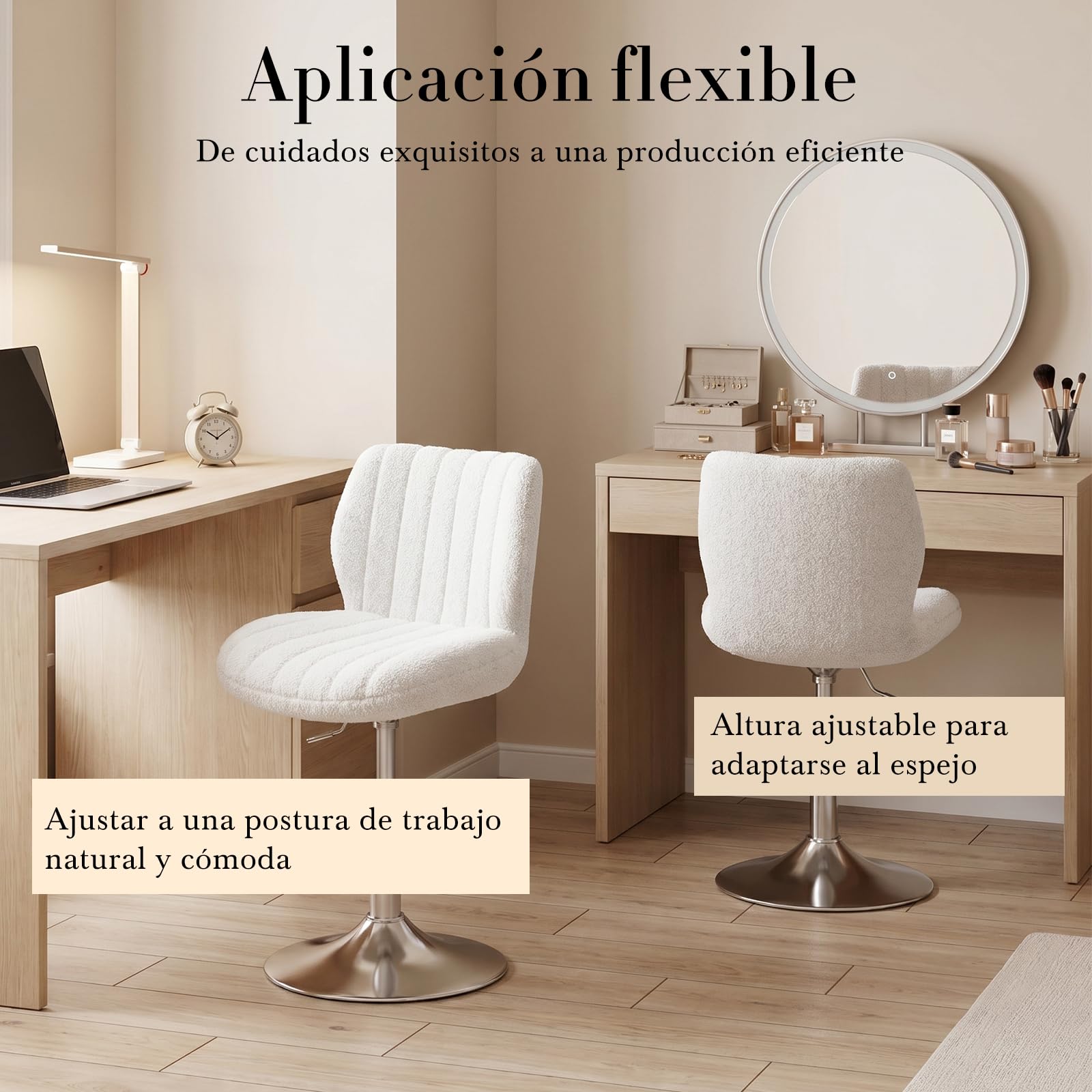 Devoko Taburete de Tocador con Respaldo, Silla Giratoria 360° Altura Regulable, Tela de Felpa, Blanco