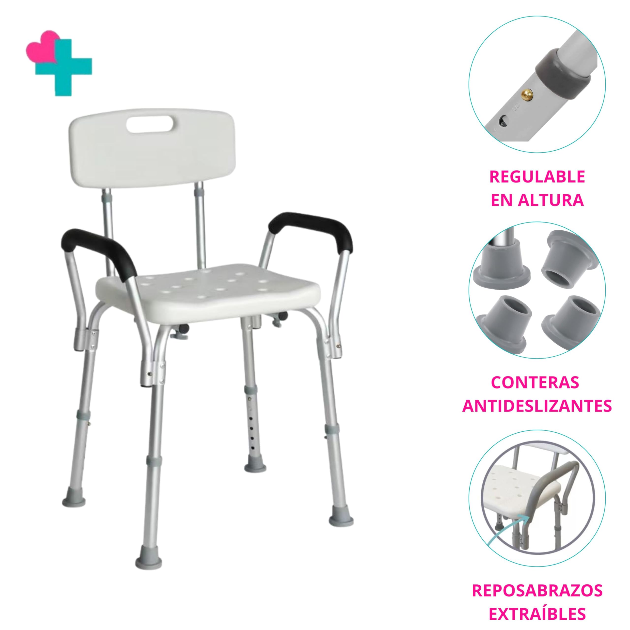 Silla Ducha y Taburete Baño Todo en 1. Taburete Ducha Ortopédico Mayores y Niños con Reposabrazos y Respaldo Premium. Silla Ducha Personas Mayores: Antideslizante, Regulable, Cómoda y Segura