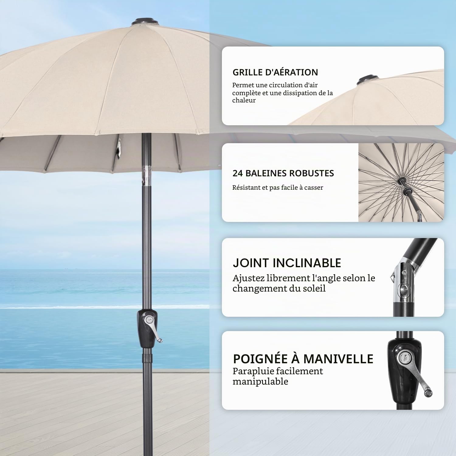 Angel Living Parasol De Jardin Parasol 250cm Rond, 24 baleines, L'Ombre De MéCanisme D'Inclinaison De Manivelle, Protection UV, pour Balcon, Terrasse, Piscine, Extérieur, Plage