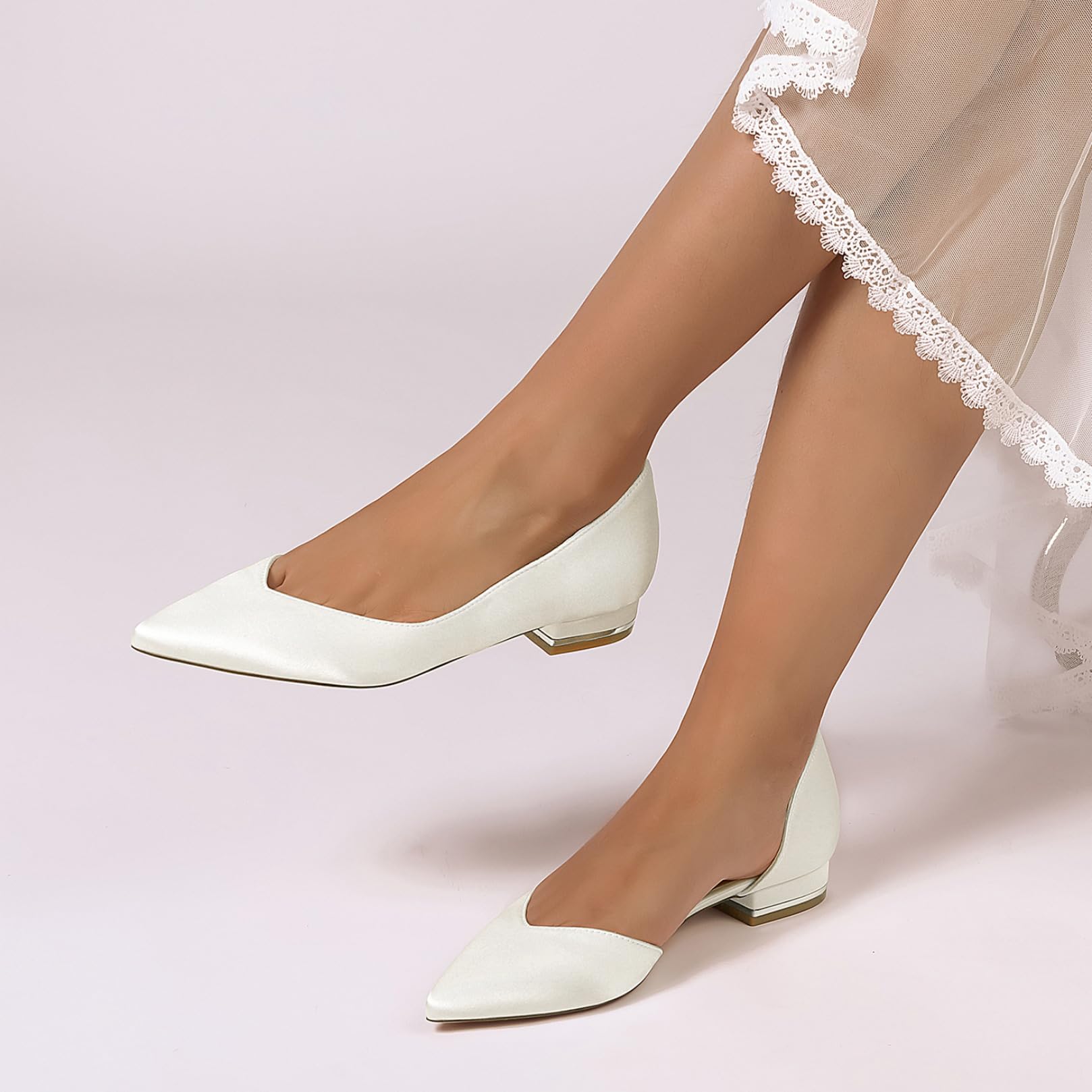 Damen Spitze Zehen Satin Brautschuhe Slip Auf Hochzeit Kleid Schuhe Flache Ferse Abend Partei Abschlussball Schuhe