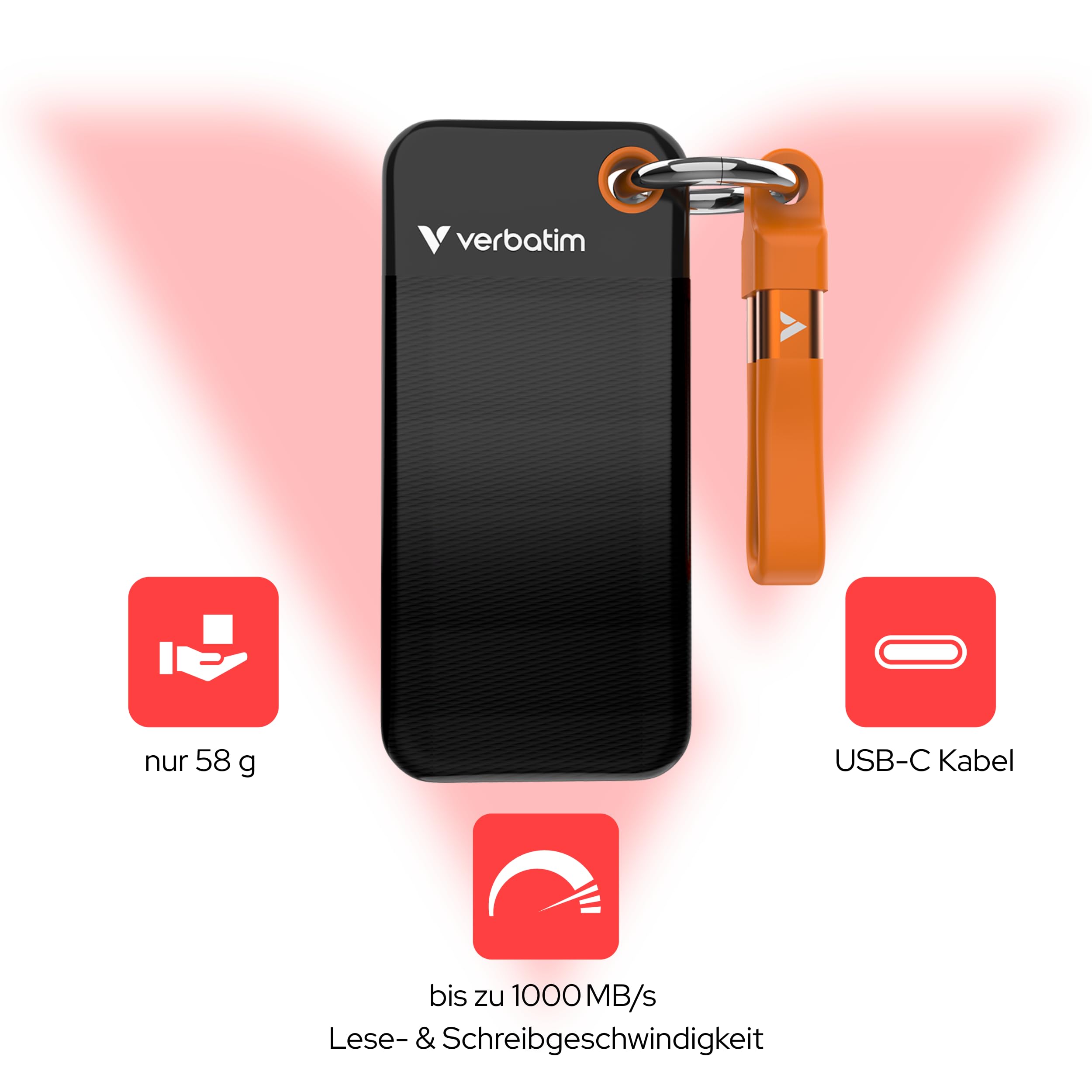 Verbatim Pocket SSD 2TB Externe SSD USB 3.2 Gen2 1000MB/s Schwarz Orange | Kompakt mit Schutzhülle, Bis zu 1000 MB/s Lesen & Schreiben, tragbare externe Festplatte für PC, Mac & Konsole