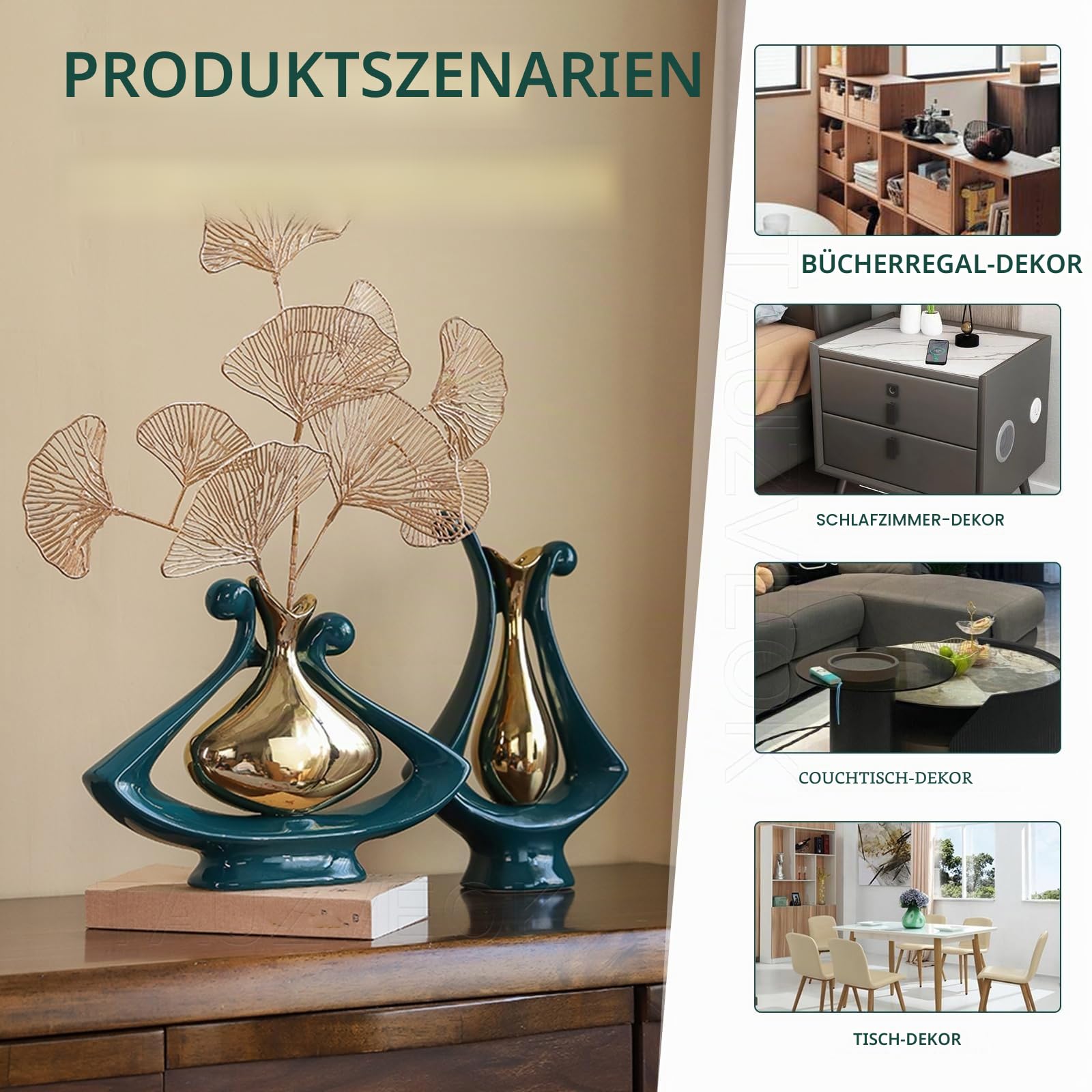 Grün Und Gold Keramik Vase, Moderne Aesthetic Room Decor, Blumenvase für Tischdeko Hochzeit, Wohnzimmer,Büro,Schlafzimmer Deko,Green Set