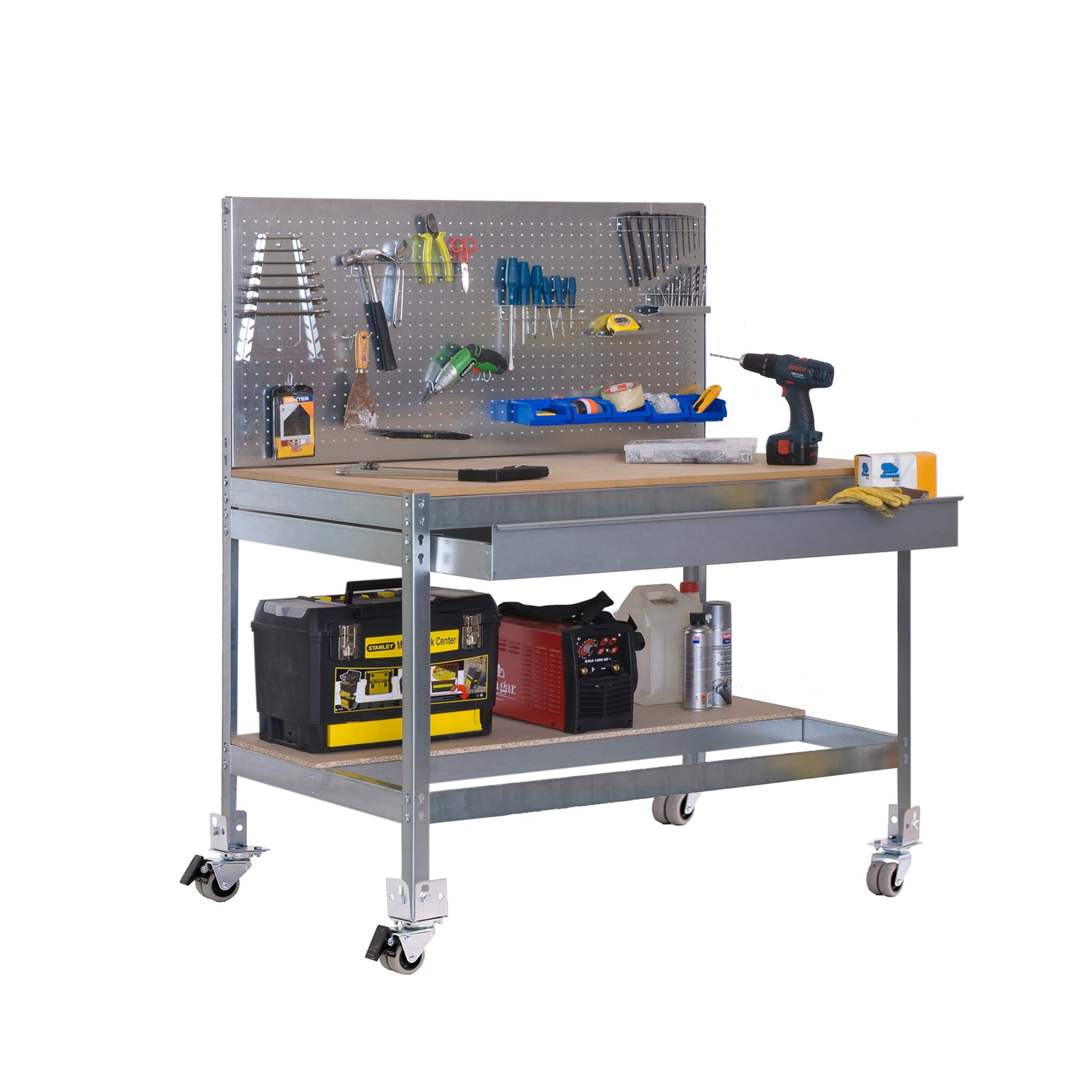 Simon Rack Banco de Trabajo Taller con Ruedas 910x610 mm - BT2 | Panel Perforado y Cajón, Tablero madera 16 mm, Capacidad Carga 120 kg, Galva , Pintura anticorrosión, Montaje sistema clic