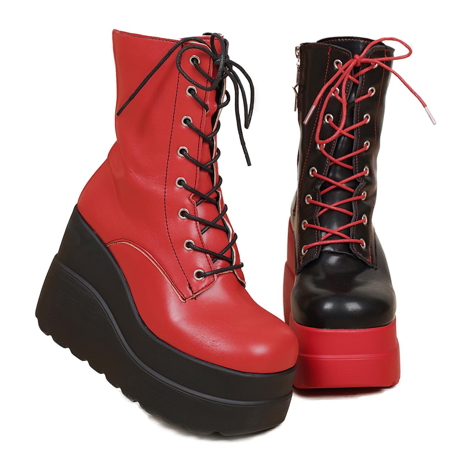 Gothic Combat Ankle Boots for Womem Lace Up Round Toe Platform Chunky Wedge Booties Side Zipper Punk Motorcycle