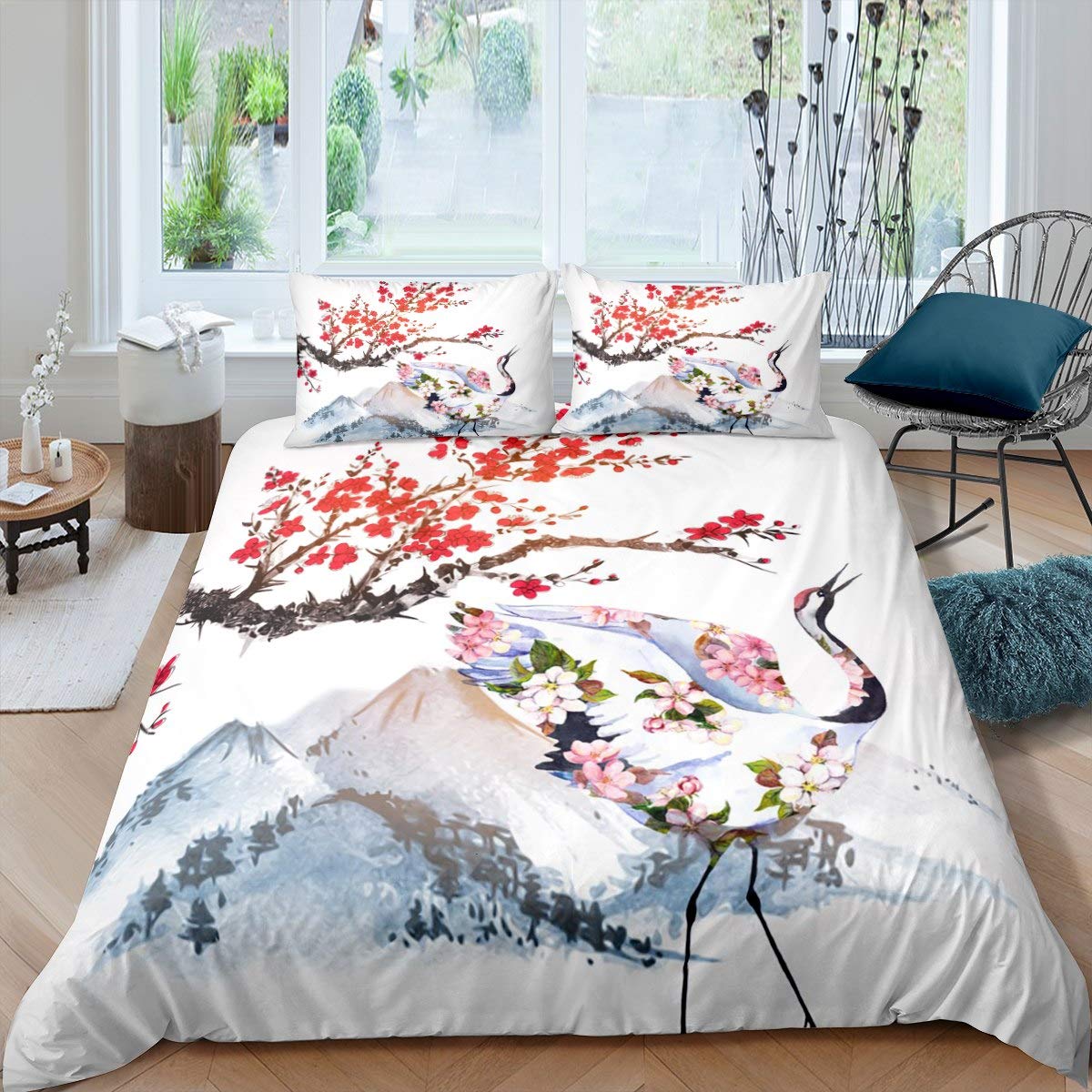 Homewish Girls Multi 05 Cherry Blossoms Duvet Cover Japanese-Style Crane Comforter Cover King Size For Women Bedroom Japanese Traditional Bedding Set Mount Fuji Bedspread Cover With 2 Pillow Cases