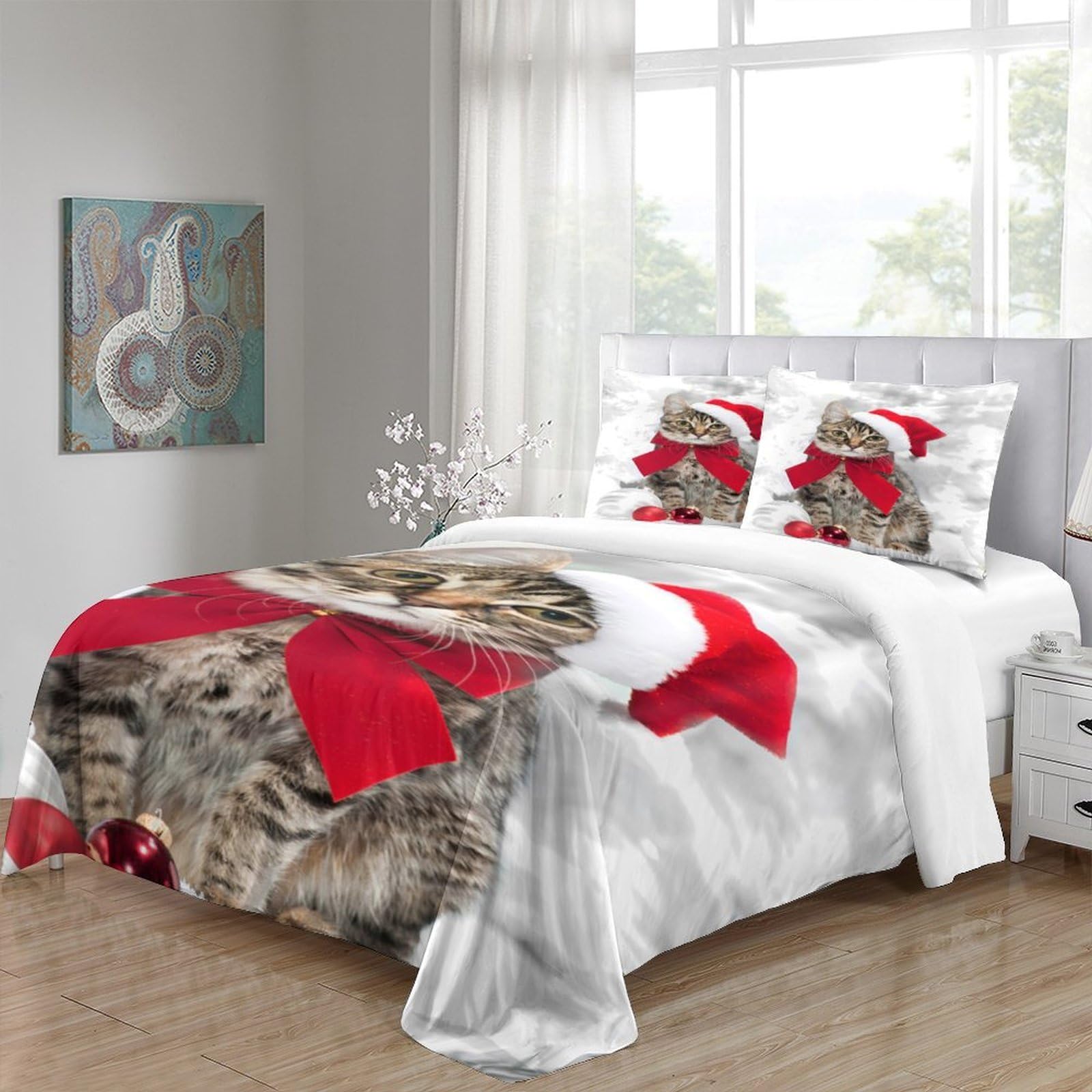 Stampa 3D Christmas cat Copertura per letto Microfibra Biancheria per letto Con federa Traspirante furry festive decor Fodera copriletto Leggero per giovani coppie coinquilini Super king（260x220cm）