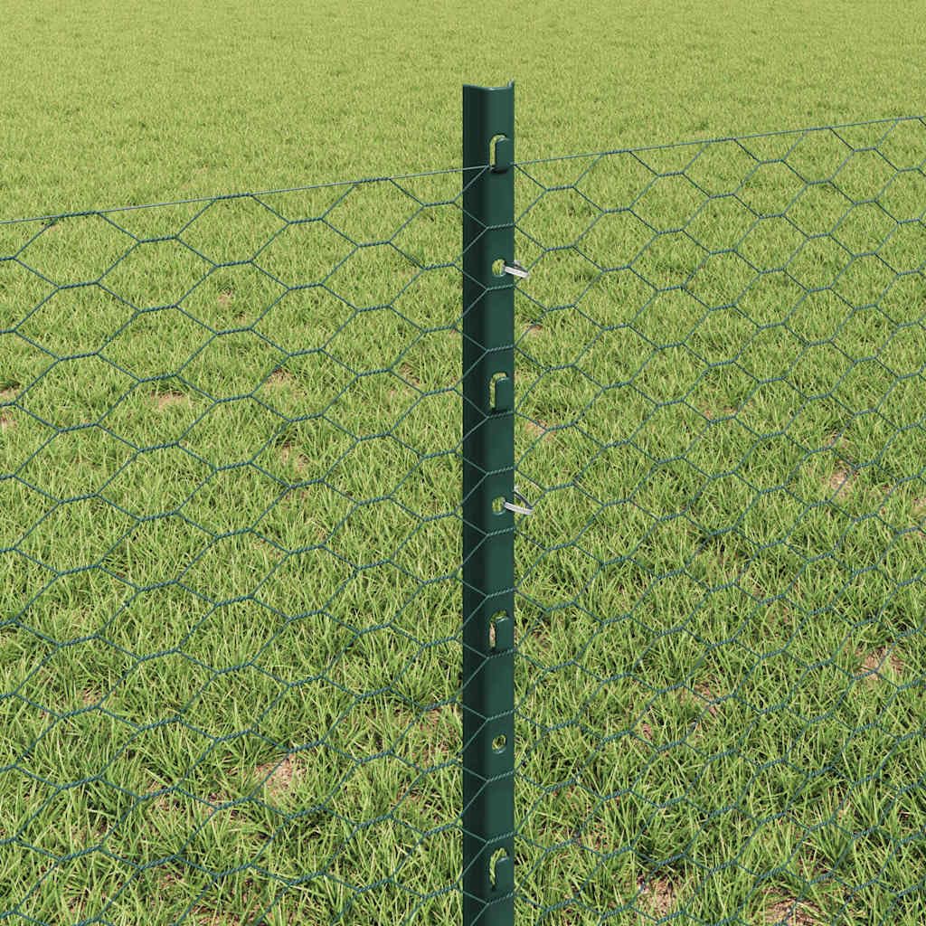 Gartenzaun Grün mit Pfosten, 10m x 60cm Sechseckgeflecht aus Stahl und PVC, Maschendrahtzaun Set mit 5 Pfosten und Zubehör für Garten, Terrasse und Tiergehege