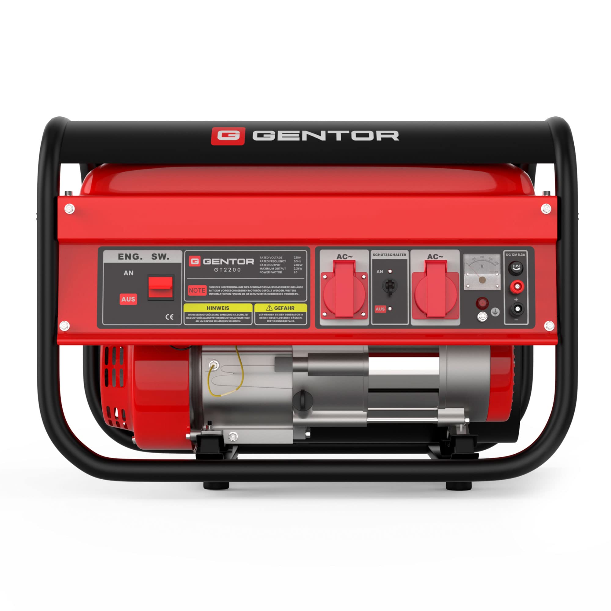GENTOR generator prądu awaryjnego benzyna cichy 2200 Watt 6.5HP, generatory prądu 4-suwowy silnik benzynowy, 2x 230V, 1x 12V, pull-start, dla kempingu, na zewnątrz, warsztat, dom
