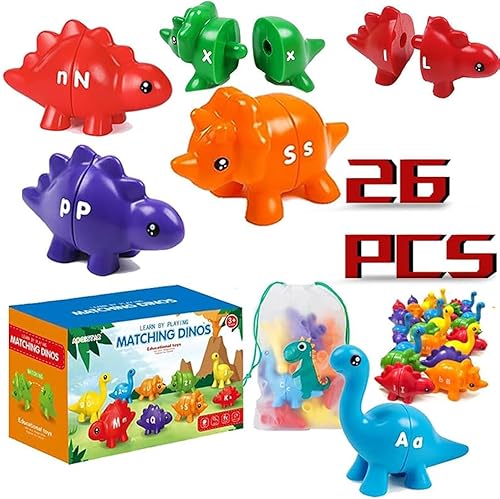 ZLYBox 26 piezas de juguetes de dinosaurio de aprendizaje del alfabeto, mayúsculas emparejadas, letras a juego en minúsculas, clasificación de