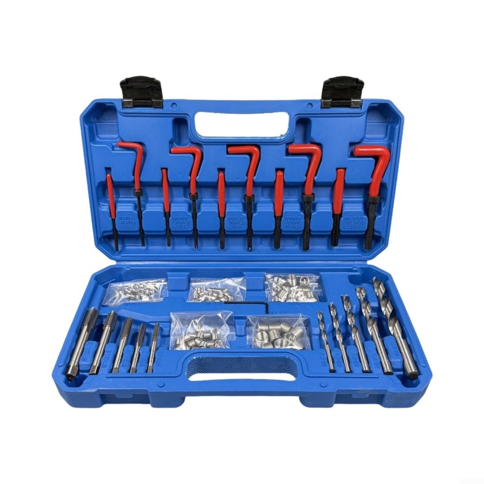 Kit di riparazione per filettature metriche da 131 pezzi, include inserti M5 M6 M8, punte da trapano a 135 gradi, strumenti di rottura, set di strumenti per ripristino filettatura, kit
