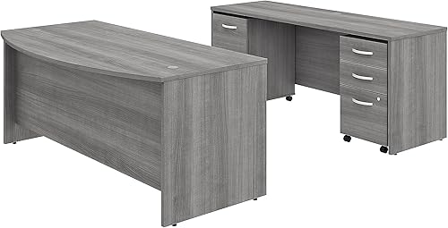 Bush Business Furniture Studio C 72 W x 36 D Bow Front Desk y Credenza con archivadores móviles en gris platino