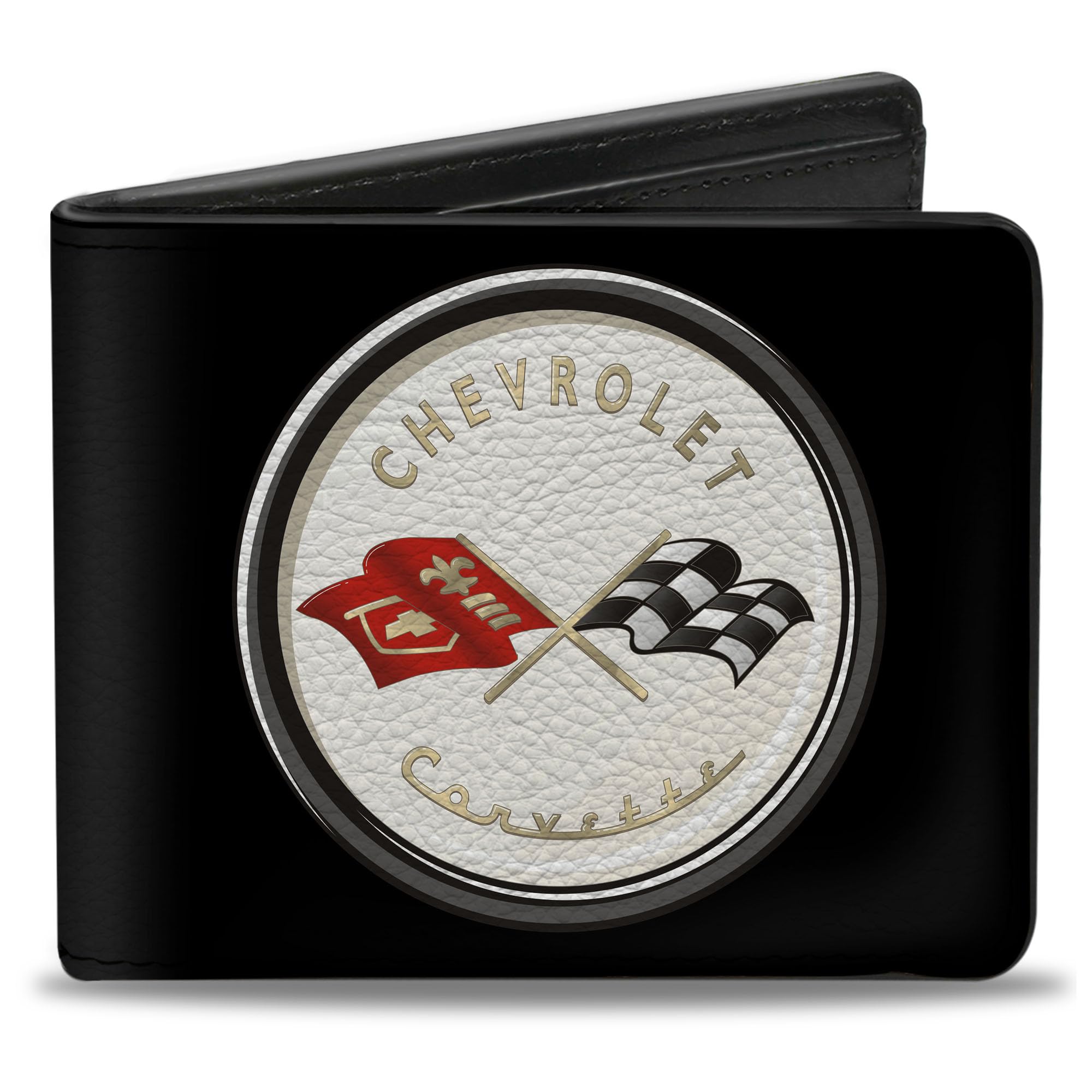 Buckle-Down Men's PU Bifold Wallet-Corvette C1 Flags Emblem Black, Multicolor, 4.0" x 3.5", Multicolor, 4.0" x 3.5"