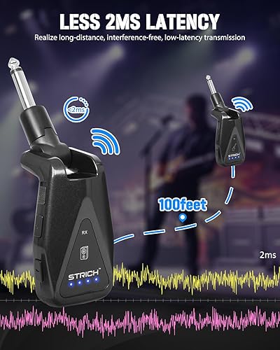 Miniatura 4 de STRICH Sistema de guitarra inalámbrico G1 UHF canal de audio recargable, receptor transmisor inalámbrico de 164 pies de alcance con diseño de