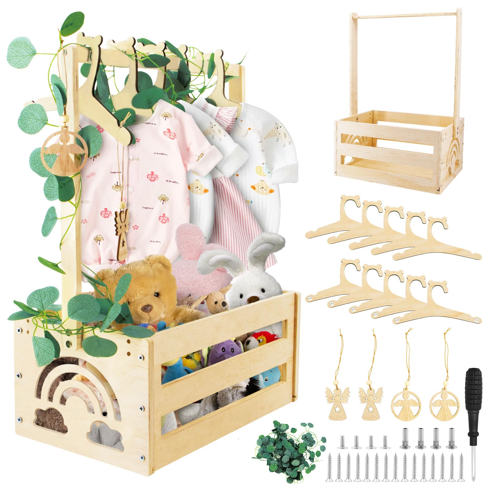 ZOCONE Geschenkkorb Baby Personalisiert Holzkiste Babyparty Geschenk Holz Babykorb mit Griff Kleiderbügel Dekorblättern und Engel-Tag, 23 * 34 * 50cm Praktisch Holzkorb Geschenk für Baby Shower