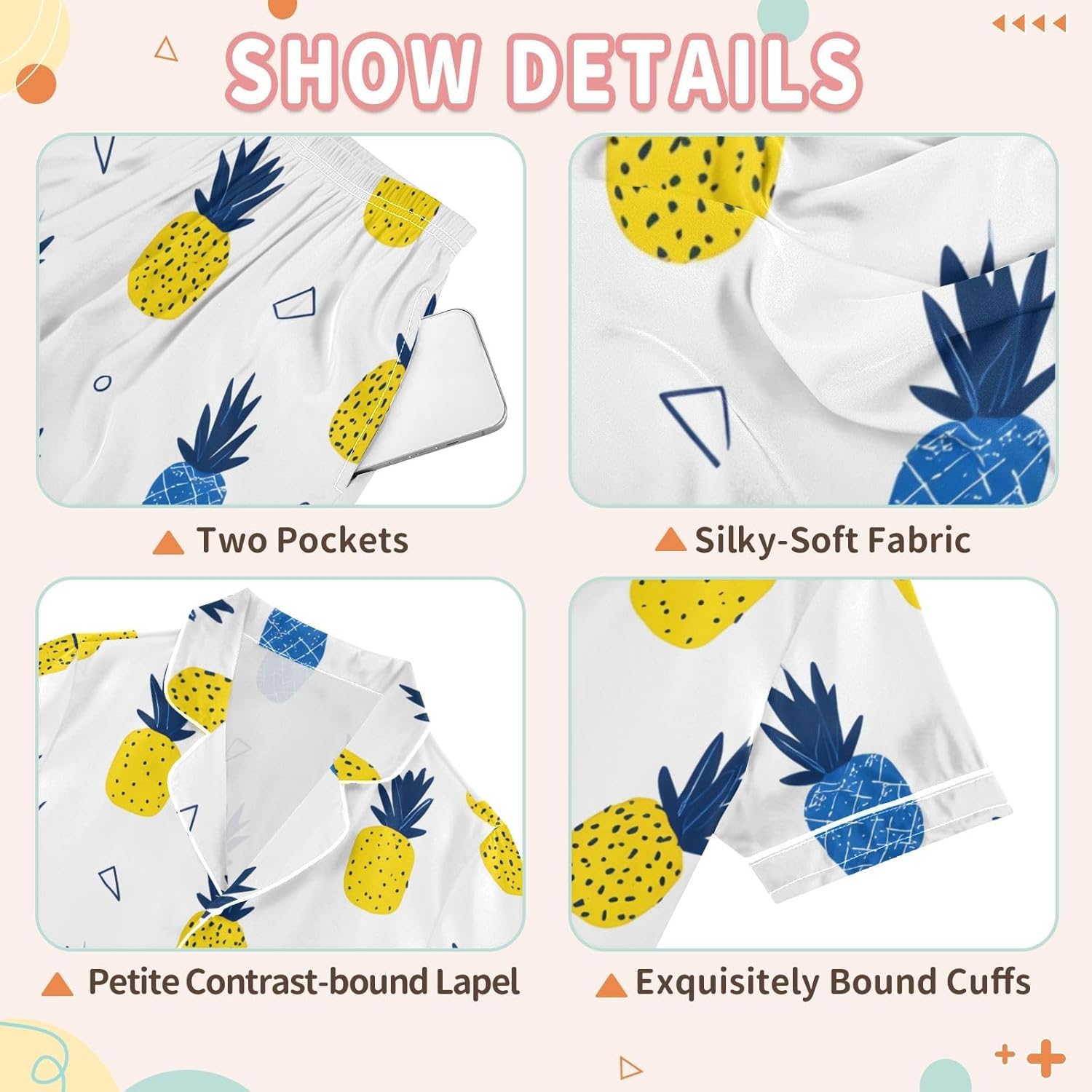 Kids Casual Satin Wear Set Blue Yellow Pineapple Pattern Unisex Short Sleeve Clothing for Relaxing