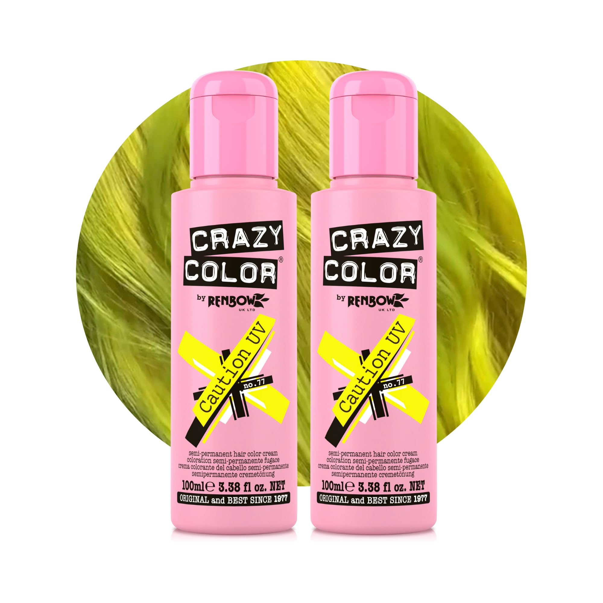 Crazy Color Caution UV Semi-Permanent Duo Hair Dye. Highly Pigmented Neon Yellow Conditioning & Oil Nourishing Vegan Formula | No Bleach or Ammonia | 200ml