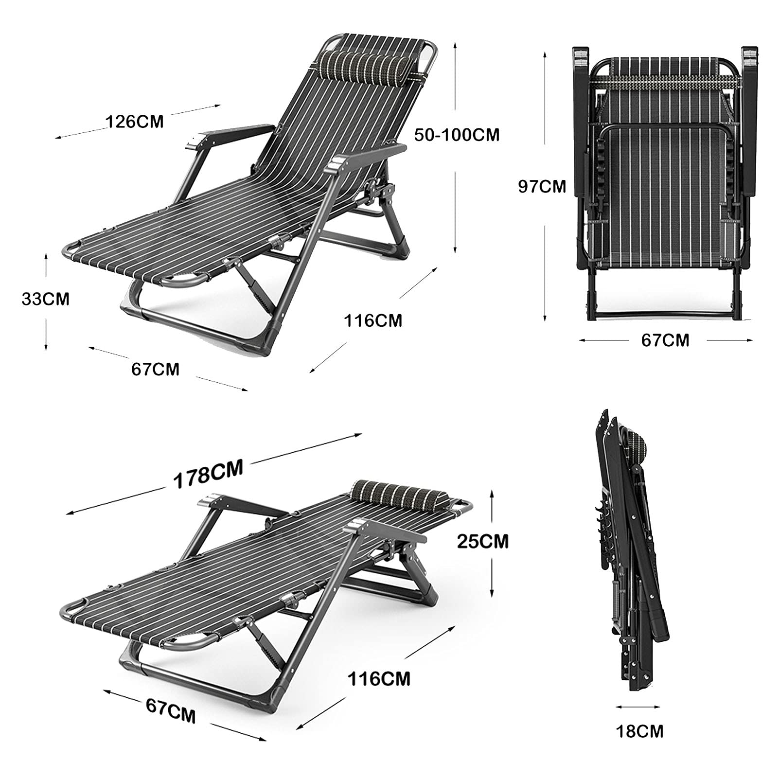 Lettino da giardino imbottito per sedia a gravità zero oversize con supporto per cuscino per la testa 150 kg (nero)