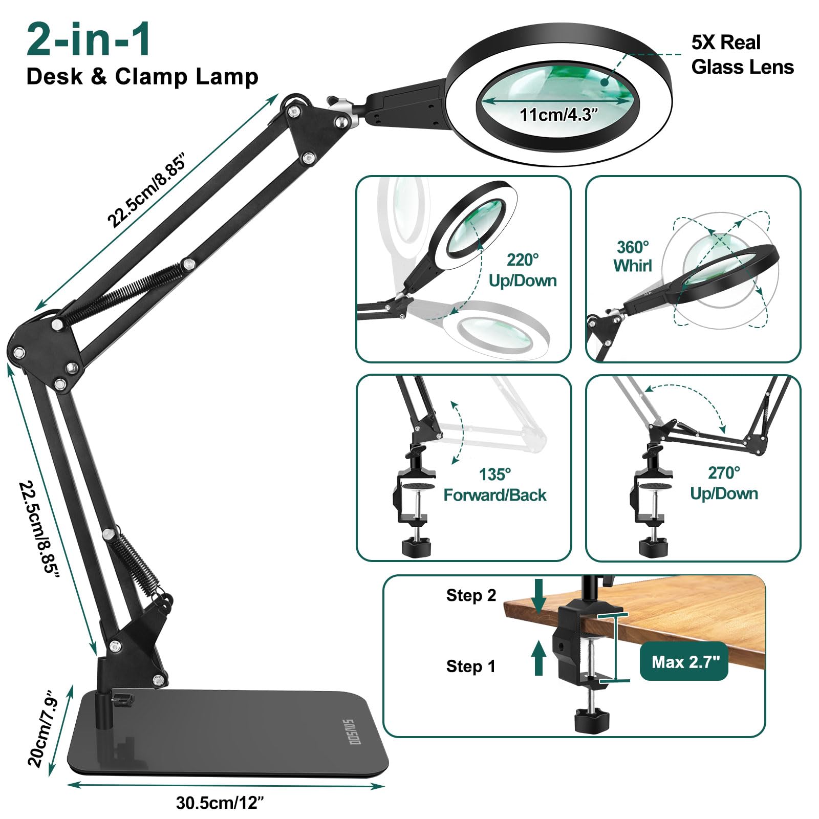 Lupenlampe mit Fuß & Klemme, Rund Lupe mit Licht, Touch-Steuerung | 2-in-1 Flexibilität,6D Glaslinse, Lesen & Handarbeit, gleichmäßiges LED-Licht für entspanntes Arbeiten