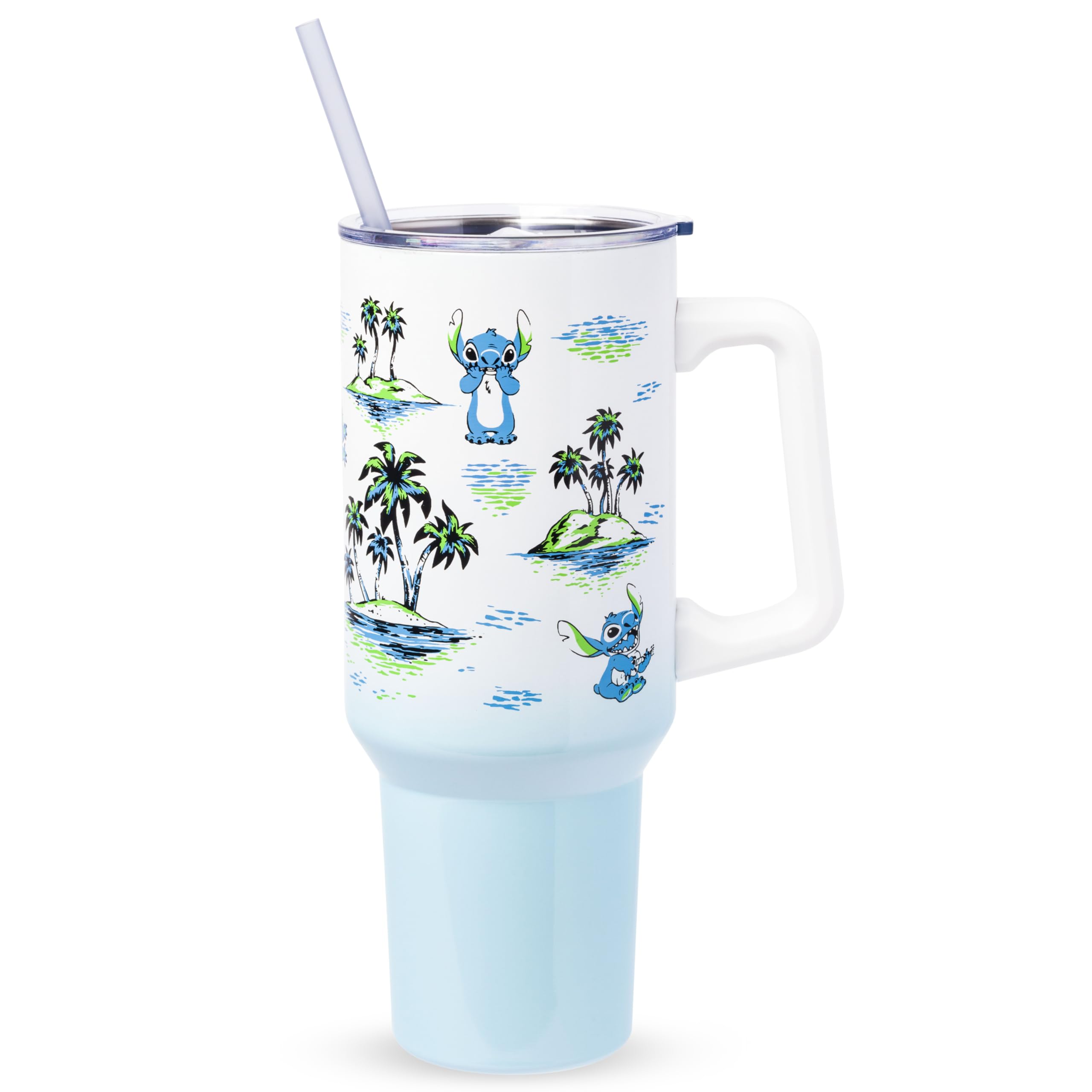 Silver Buffalo Disney Lilo and Stitch Vintage Sketch Palm Trees and Flowers Stainless Steel Tumbler with Handle and Straw, Fits in Standard Cup Holder, 40 Ounces