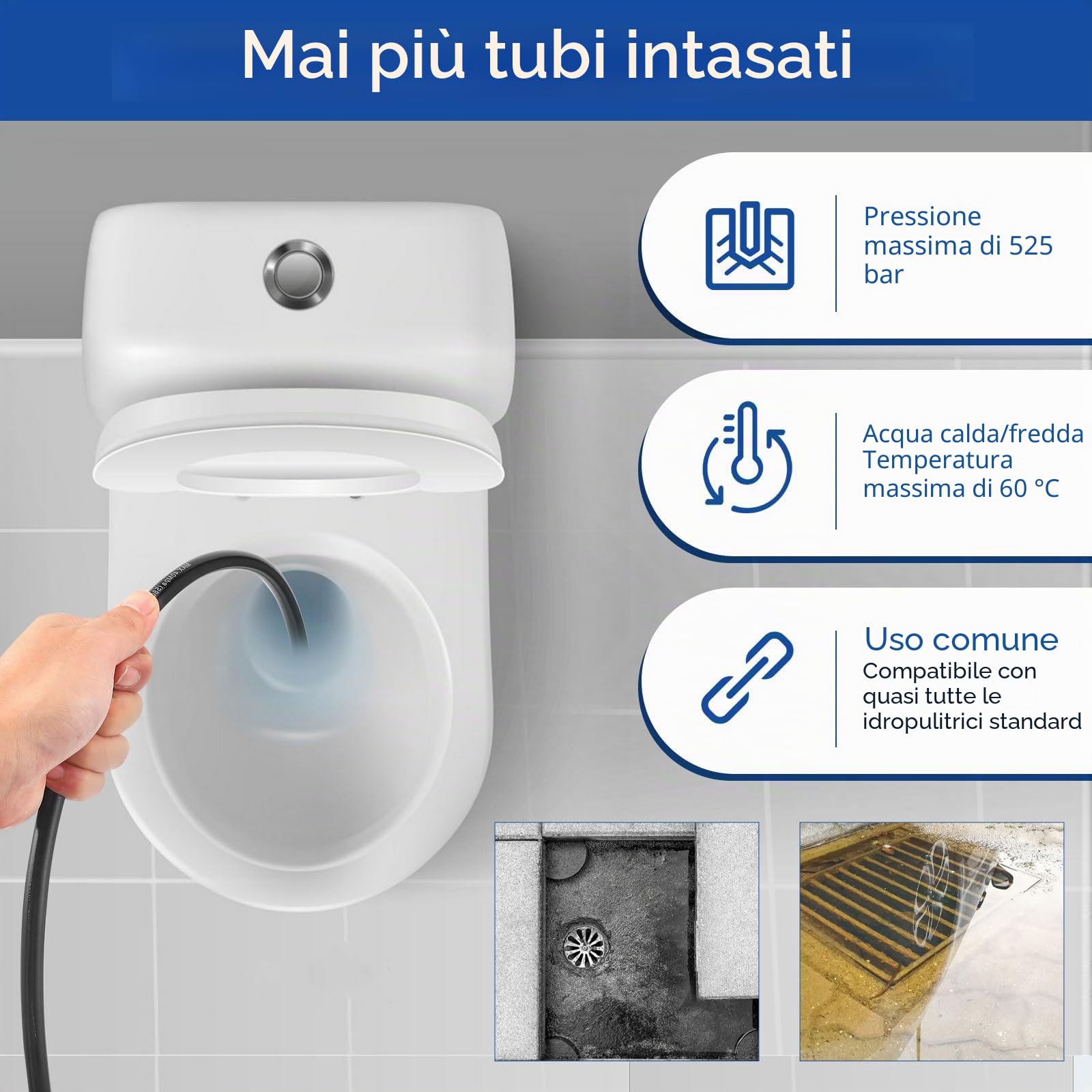 Sonda Sturatubi per Idropulitrice, 30M Tubo per Idropulitrice 400 Bar/5800 PSI con 3 Adattatori, 2 Ugelli e 1 Nastro in Teflon, Compatibile con Kärcher K2-K7, Lavor, Bosch, Parkside per Uso Domestico