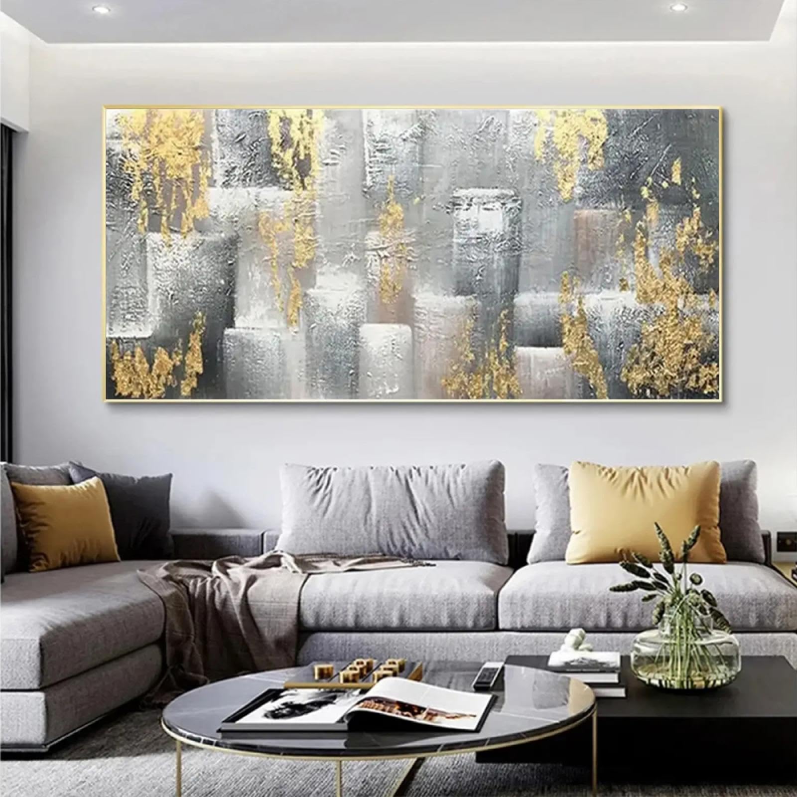 18meng Art Abstrakte Leinwand Bilder Gold Silber Leinwanddruck Wandbilder 80x60 cm XXL Modern Wohnzimmer Schlafzimmer Große Geometrische Kunstdruck Poster Decor Wandbild Aufhängefertig