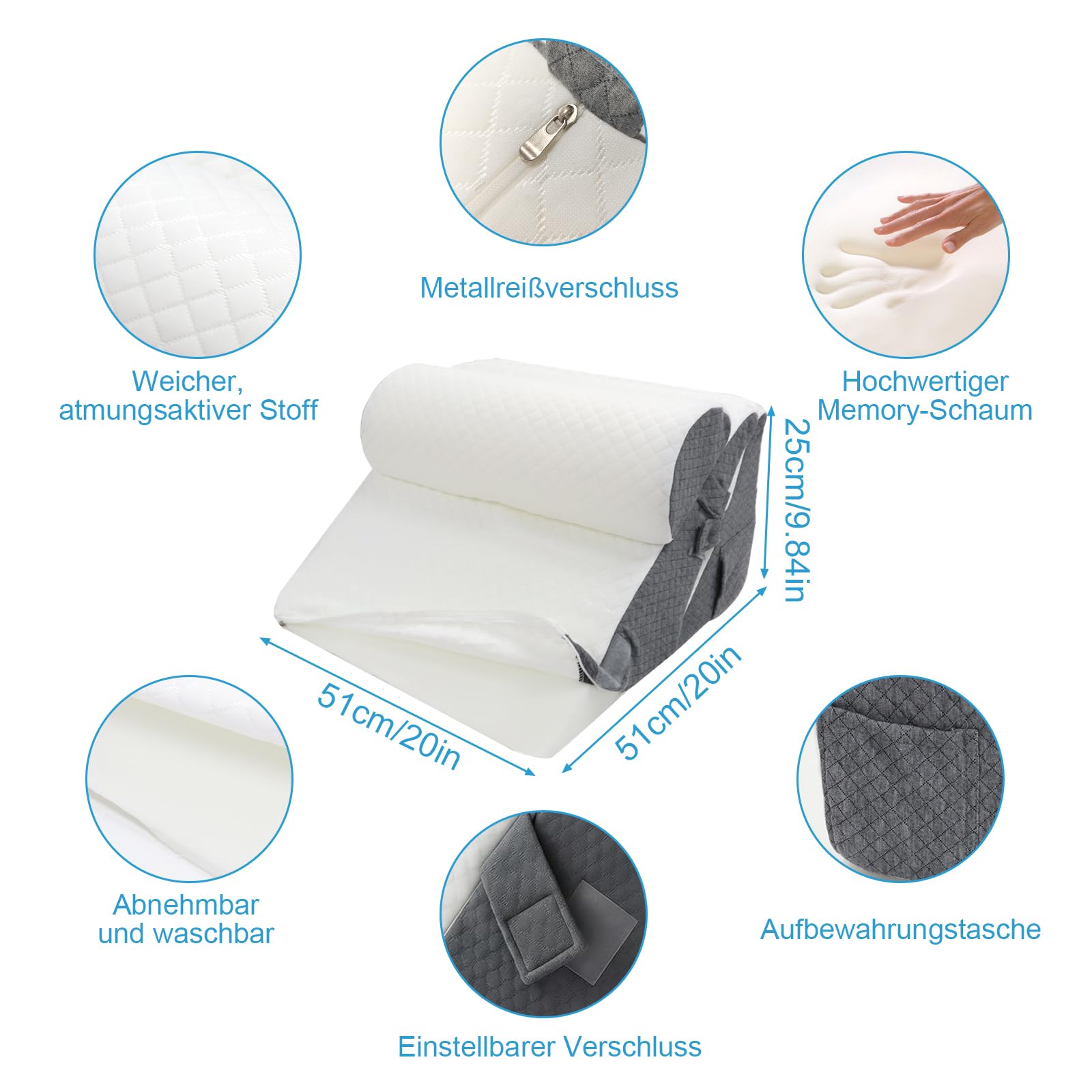 Orthopädische Keilkissen 3er-Set, Höhenverstellbar 9''/12'', für Reflux-Linderung, Rückenunterstützung, Lesekissen für Bett und Sofa