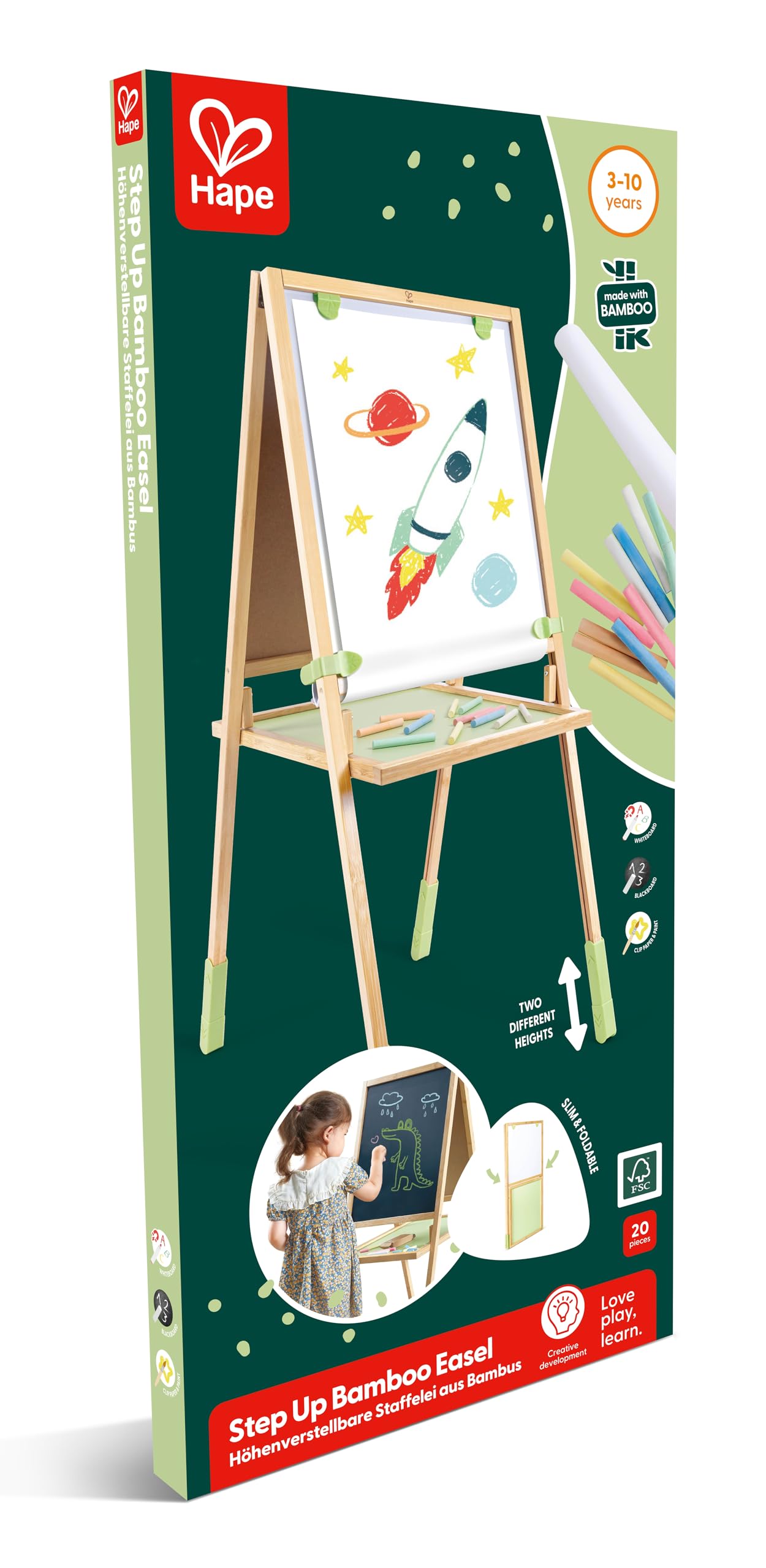 Hape - Lavagna multiattività in bambù per gessi, tempere e pennarelli | Altezza Regolabile e Doppia Superficie di Gioco per Bambini dai 3 Anni