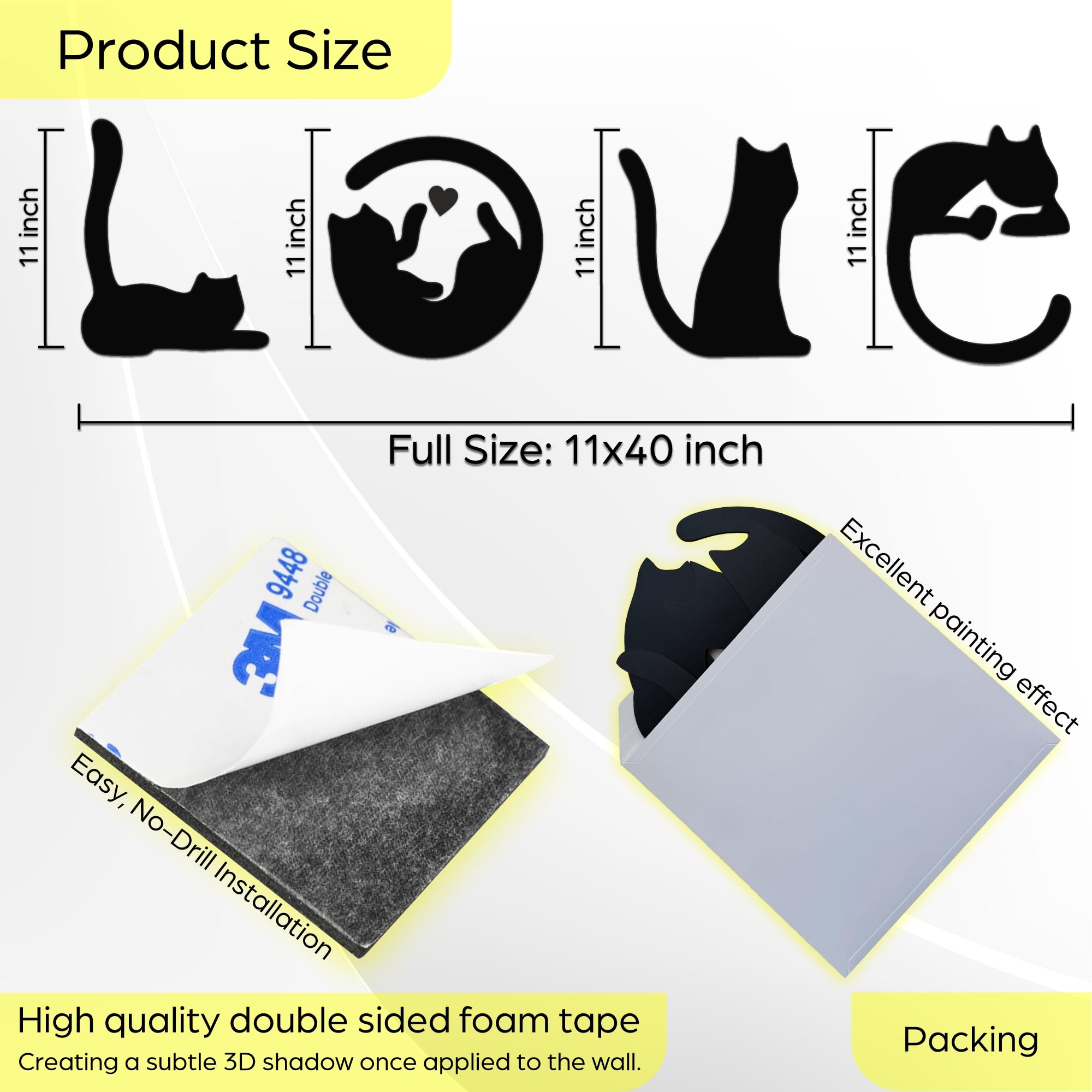 4 piezas de decoración de pared de gato negro, arte de pared con temática de amor para sala de estar, dormitorio, cocina, decoración de pared de madera para amantes de los gatos 2