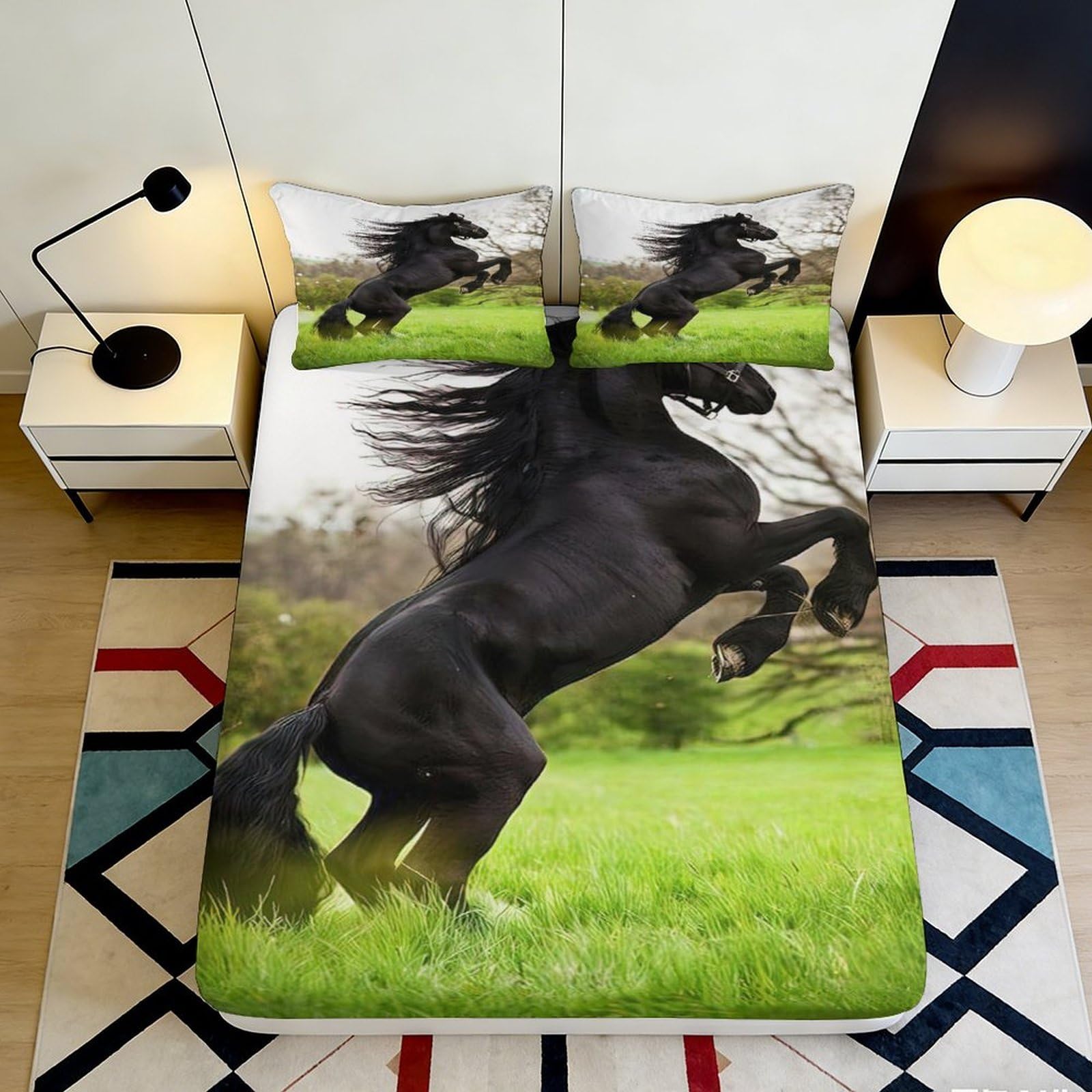 3D Printed Black Horse Fitted Sheet Microfiber Soft Breathable Wild Stallion Bed Cover for Bedroom Guest Room Decor 140x200x25cm