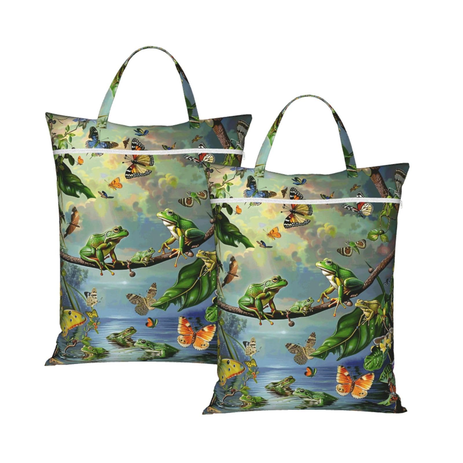 Large Travel Laundry Bags,Many Frogs Sing on The Branches Summer Butterflies Print with Handle Foldable Laundry Bag for Holidays Gym Swimming and Family Trips, 2Pcs