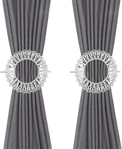 T Tulead Abrazaderas de cortina plateadas, broches redondos con diamantes brillantes, abrazaderas decorativas para cortinas de ventana, paquete de 2