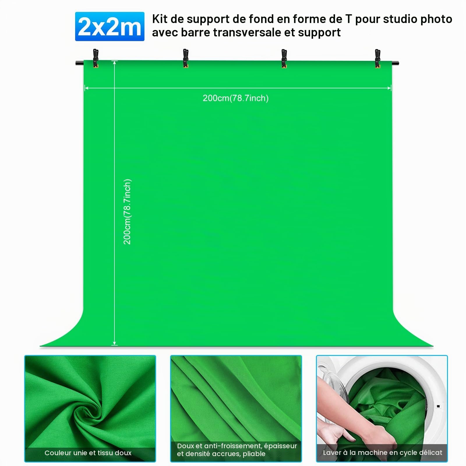 PULUZ Fond Vert avec Support 2x2 m, Kit de Fond Portable pour Photographie avec Sac de Transport et Pince