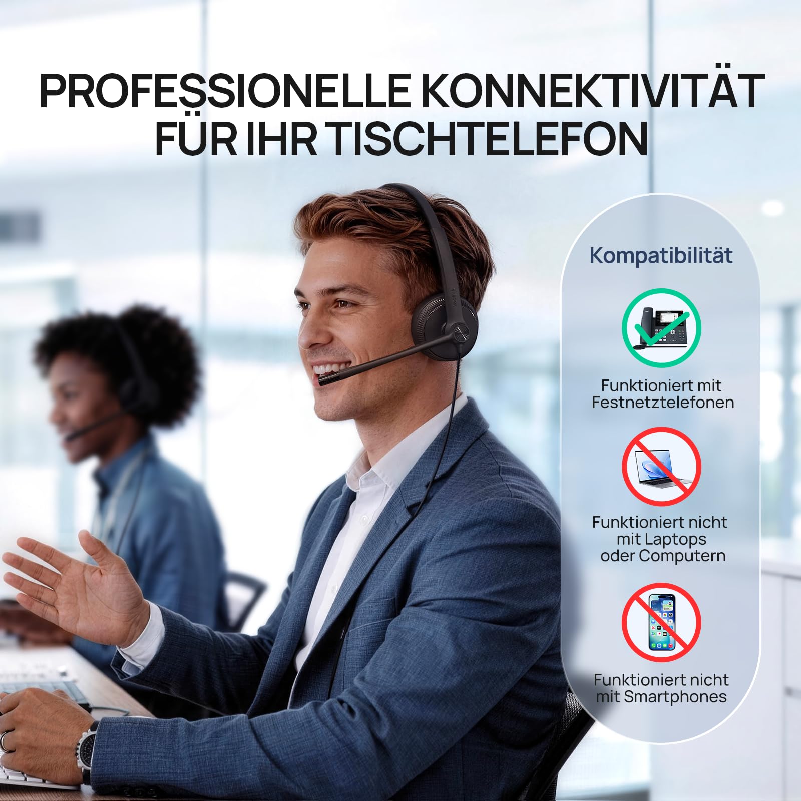 Yealink YHS34 Auriculares telefónicos con Cables de conexión RJ9 y QD. Compatibles con teléfonos Poly, Avaya, Snom y Grandstream. Auriculares monoaurales con micrófono para teléfonos de Oficina