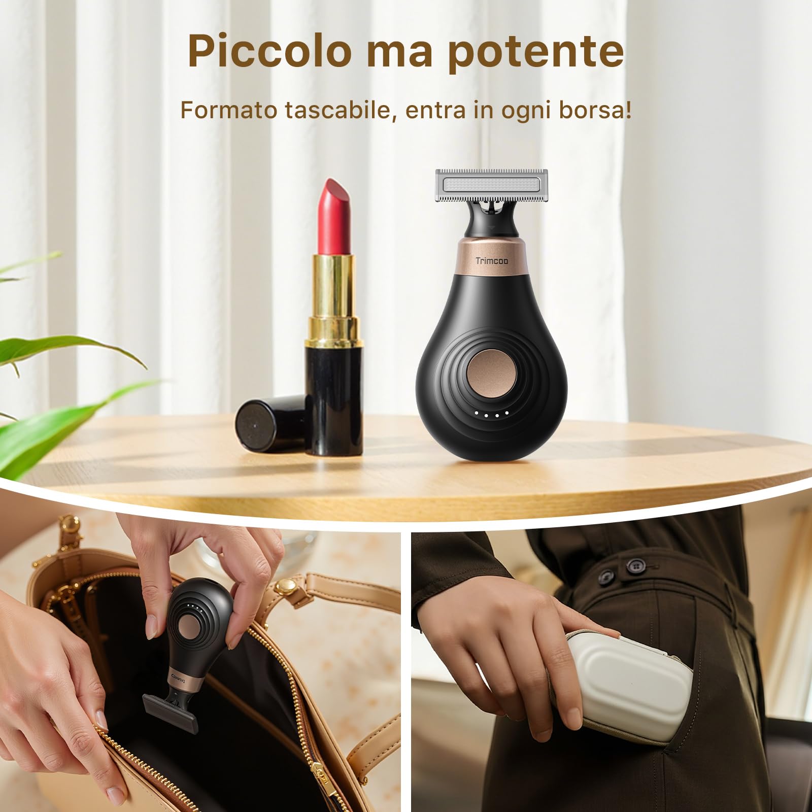 2026 Nuovo Rasoio Elettrico Donna per Zona Bikini - Rifinitore Intimo Portatile e Senza Dolore, Mini Depilatore Viso e Corpo, Ricarica USB-C, Testina Wet & Dry Sostituibile, Nero