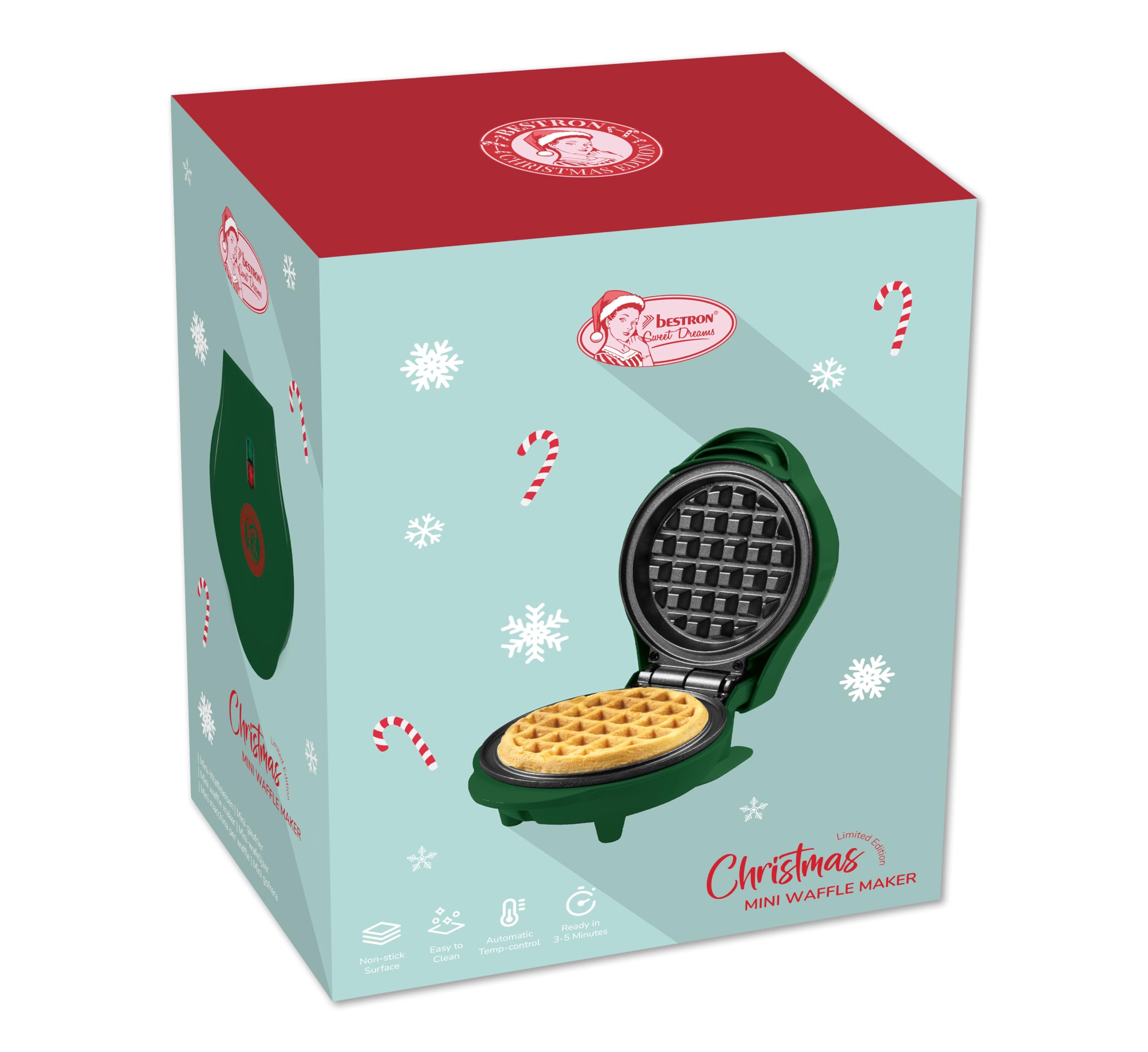 Bestron Mini Gofrera, Christmas Edition, Edición Limitada, Waffle Maker con revestimiento antiadherente, ideal para Navidad, fiestas o como regalo, tamaño del waffle: 10 cm, Color: verde mate