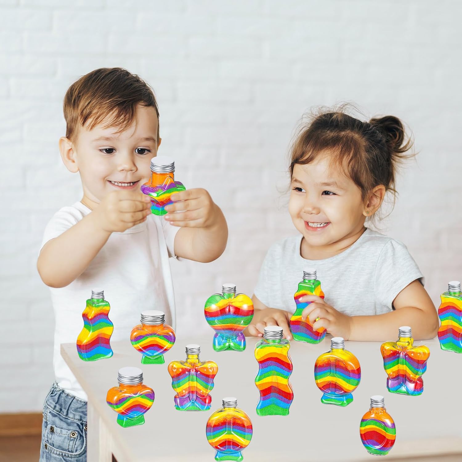 Bokon 20 Pcs Plastic Sand Art Bottles Bulk Containers with Plastic Funnels for Painting Crafts DIY Wedding Birthday Party Decoration, 10 Style Without Sand(Aluminum Cap)