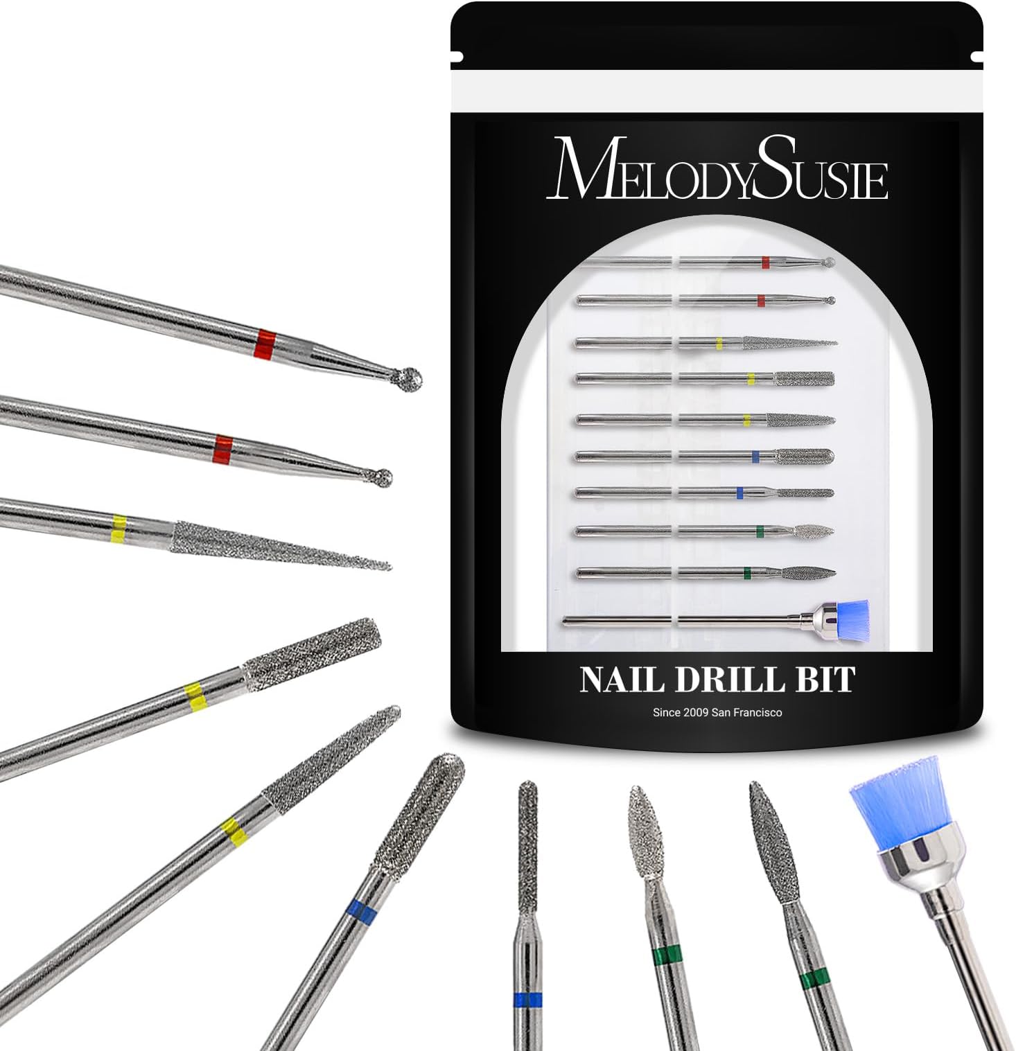 Diamond Cuticle Nail Drill Bits Set 10pcs, 3/32''(2.35mm) Professional Efile Nail Bit Fine Grit for Acrylic Gel Nails Prep, Nail Art Tools for Manicure Pedicure Home Salon Use