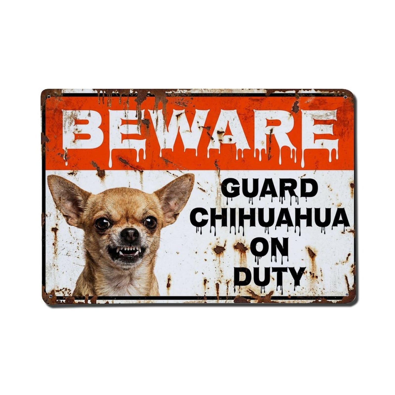 Vintage Funny Chihuahua Guard Beware of Dog Corner Metal Tin Sign Plaque Wall Decor for Cafe, Club Bar, Office, Garden Metal Poster 8x12Inch