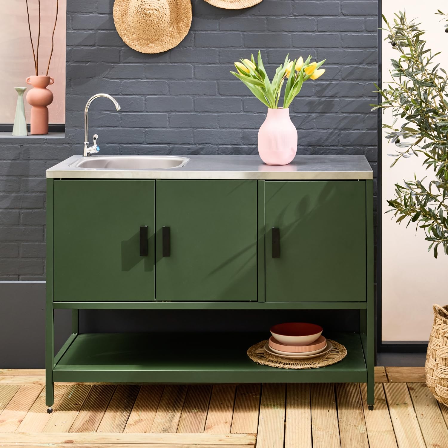 Cucina da esterno modulare in acciaio con lavandino, 120cm, Naxos, Verde, 120x51x112.5 cm