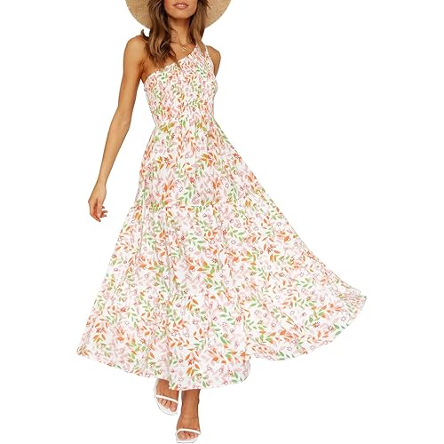 ZESICA Women's 2023 Bohemian Summer Floral Print One Shoulder Sleeveless Smocked Ruffle Tiered Beach Long Midi Dress