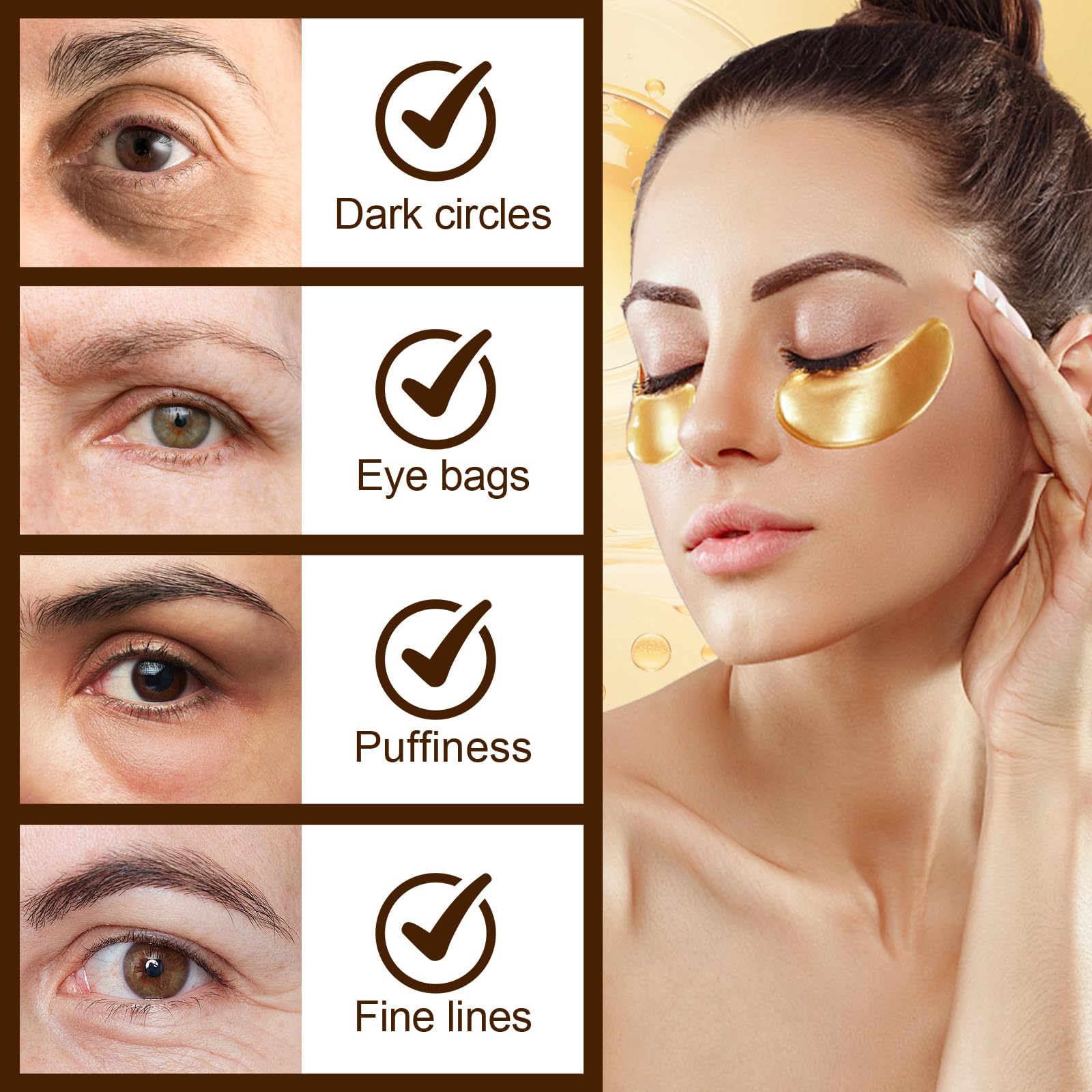 24K Gold Masque Pour Les Yeux 60 Patch,Patch Anti Cernes Yeux, Hydratant, Soulager la Fatigue, Réduit Yeux Poches, Patchs pour Les Soins des Yeux, pour Femmes/Homme