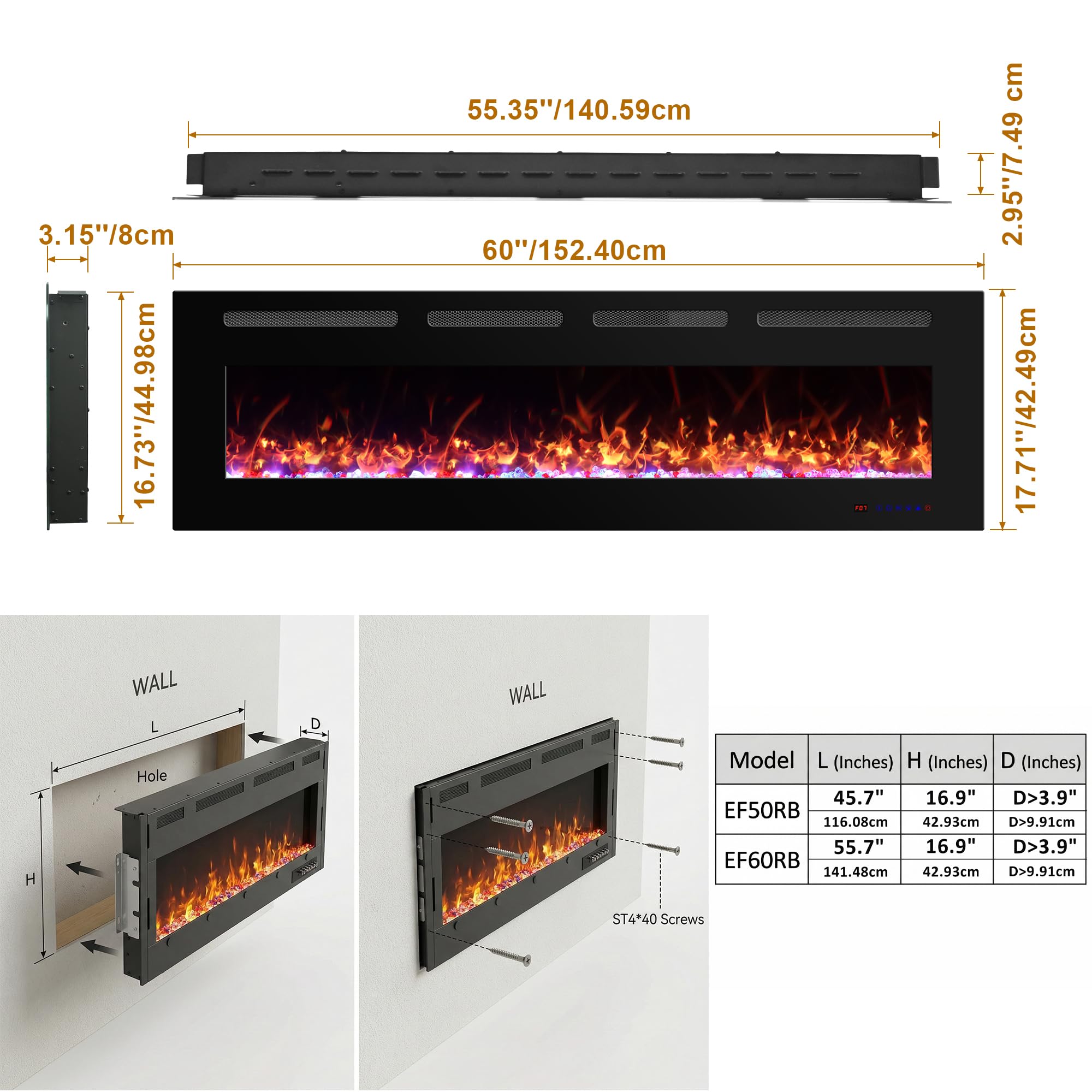 Camino elettrico da 152,4 cm, da parete e da incasso, con telecomando, 13 effetti di fiamma, 5 luminosità, 5 velocità della fiamma, timer, protezione contro il surriscaldamento, 750 W