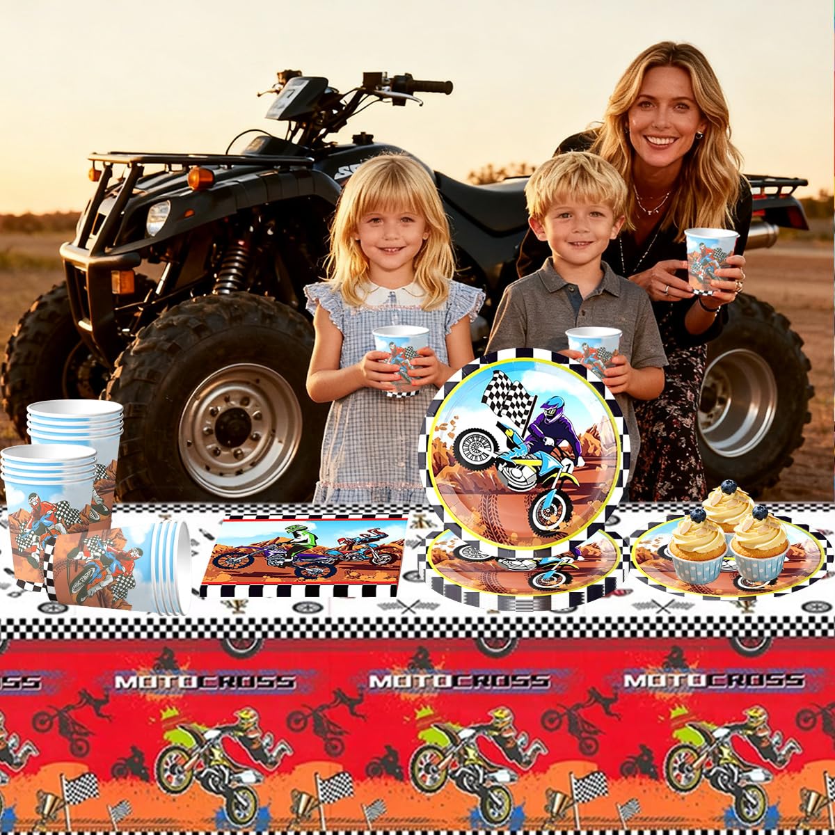 Set di 61 stoviglie da motocross, accessori per feste da corsa, decorazione di compleanno per bambini, tra cui bicchieri di carta, tovaglioli e tovaglia, adatto per 20 ospiti