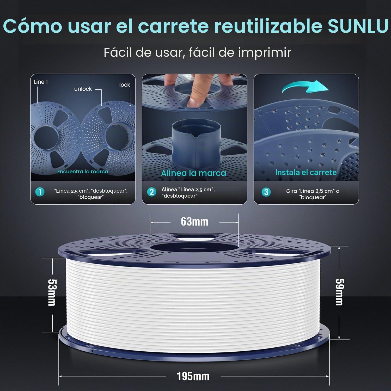 SUNLU Filamento PLA+ 1.75 mm 1KG Negro Precisión dimensional +/- 0.02mm