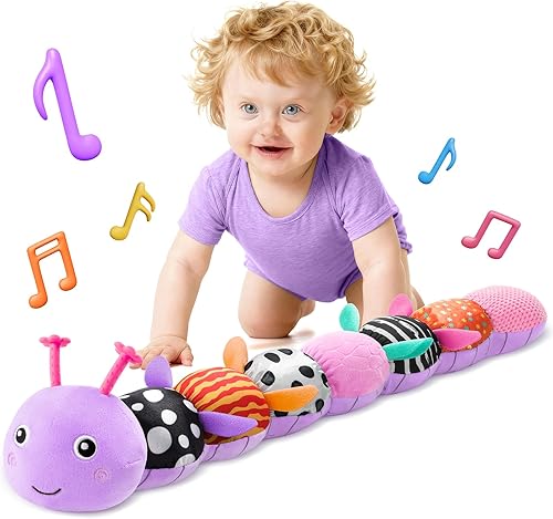 HEMRLY Juguete sensorial para bebés de 0 a 6 meses, peluche musical de oruga con mordedor morado