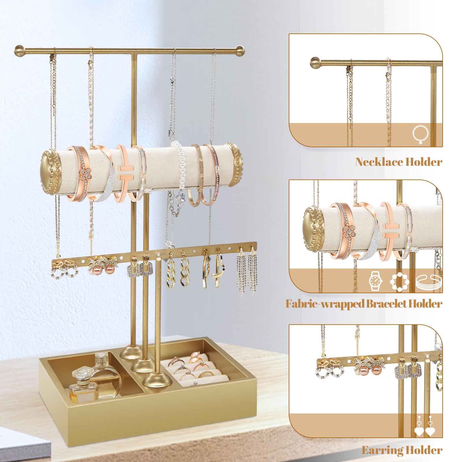 TOOKNIN Jewelry Organizer Stand Necklace Holder,3-Tier Earring Holder Organizer Display Gold Jewelry Towers Organizer Holder for Earrings Necklaces Bracelets Watches and Rings,Gold
